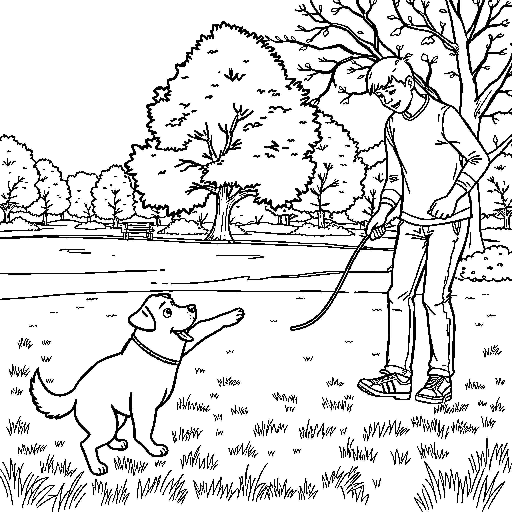 Dog enjoying outdoor adventure with owner Coloring Page (free black-and-white line drawing printable PDF for all, from beginners to advanced learners, including children, teens, adults, and seniors)