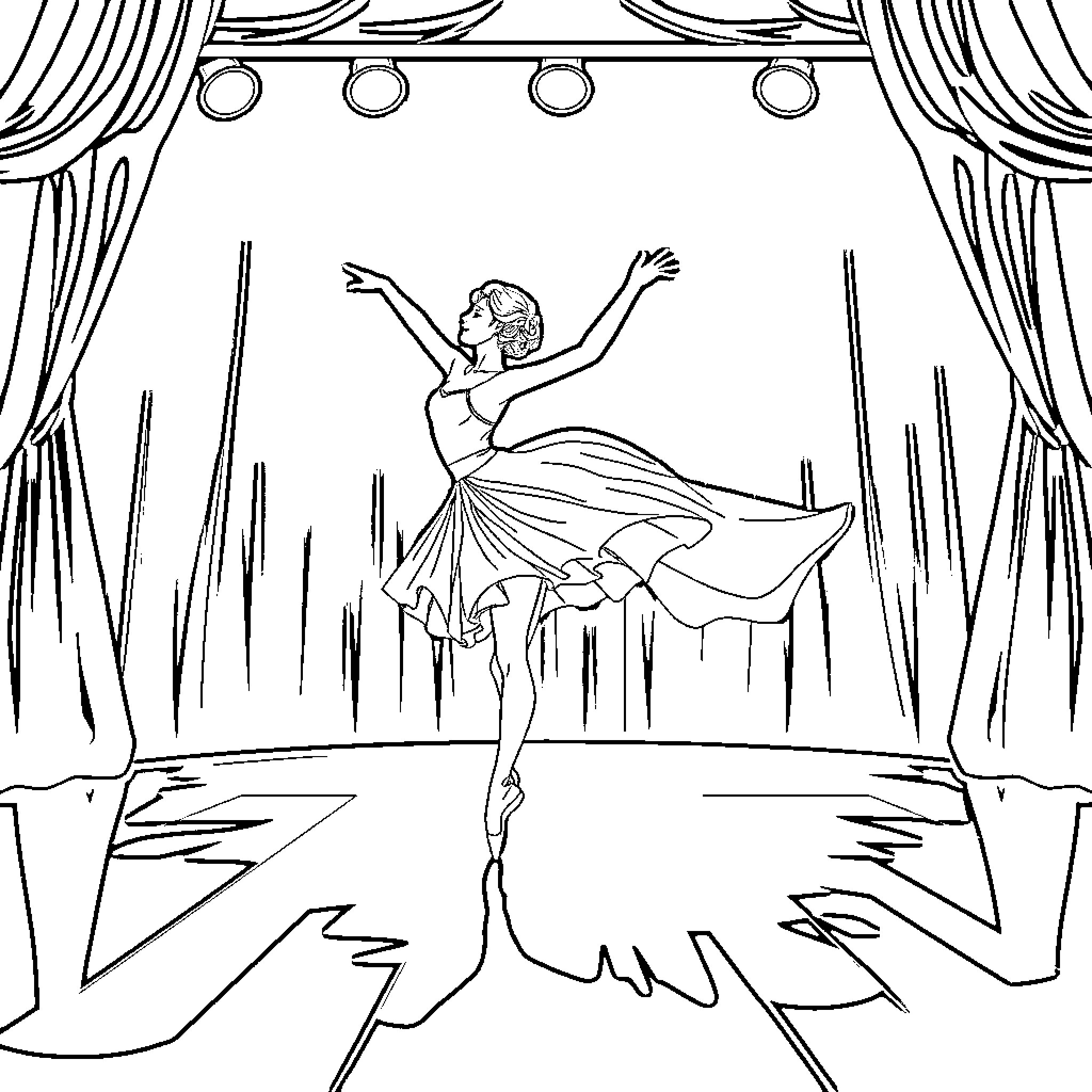Ballerina gracefully performing on stage Coloring Page (free black-and-white line drawing printable PDF for all, from beginners to advanced learners, including children, teens, adults, and seniors)