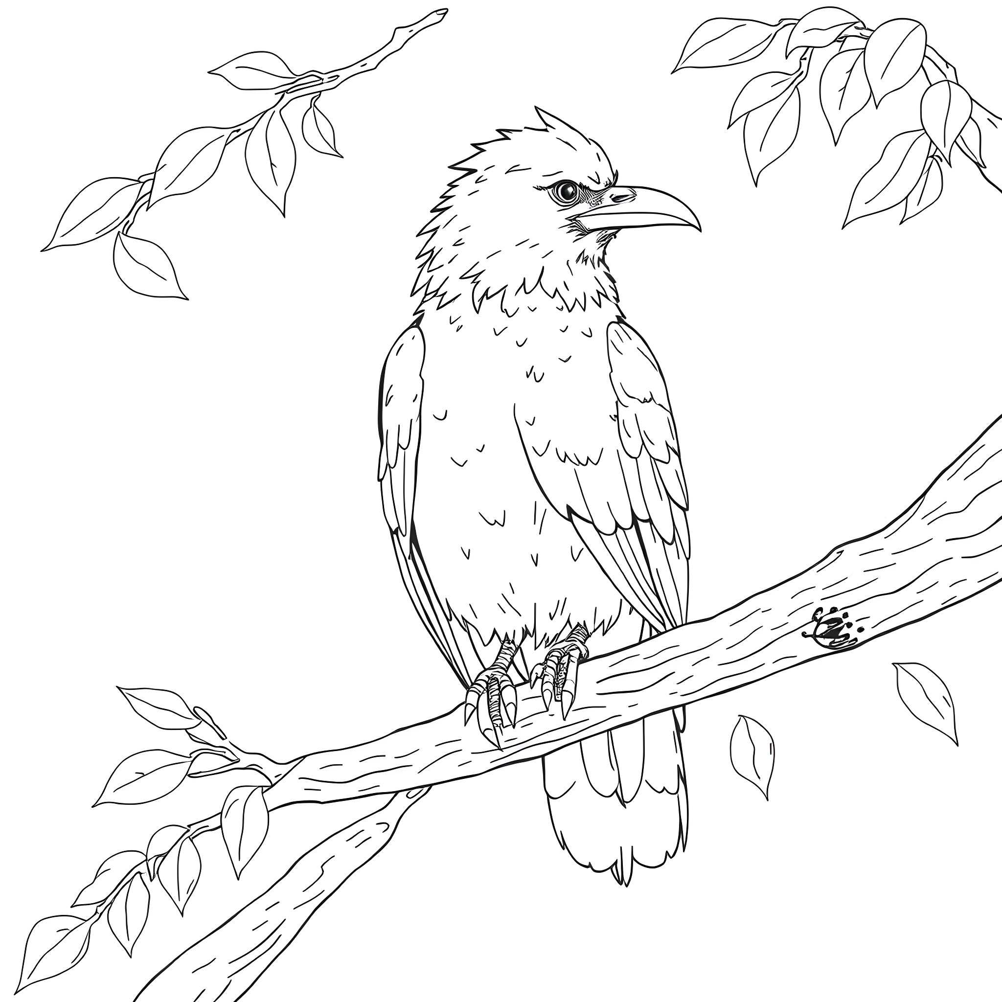 Crow perched on a branch with leaves Coloring Page (free black-and-white line drawing printable PDF for all, from beginners to advanced learners, including children, teens, adults, and seniors)