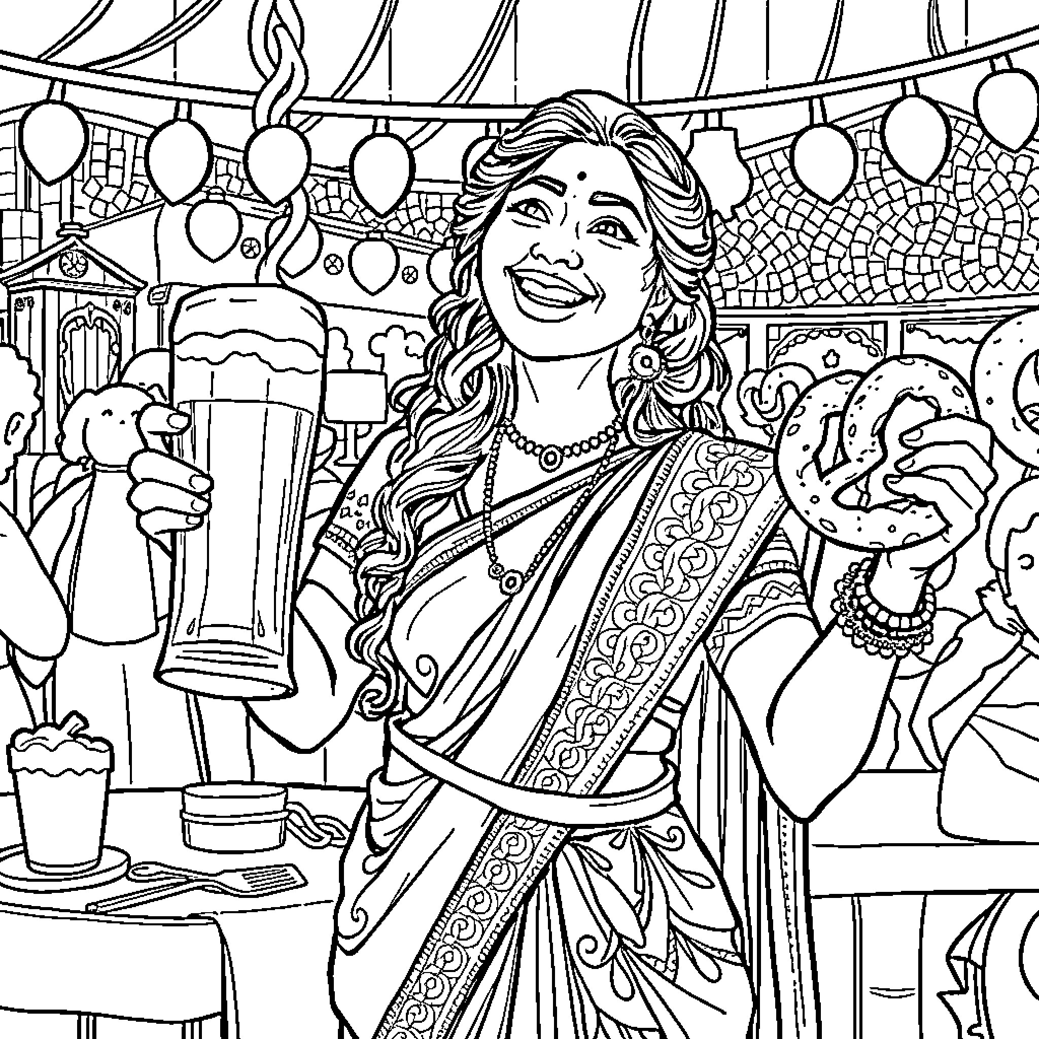 Woman enjoying celebration with festive decorations Coloring Page (free black-and-white line drawing printable PDF for all, from beginners to advanced learners, including children, teens, adults, and seniors)