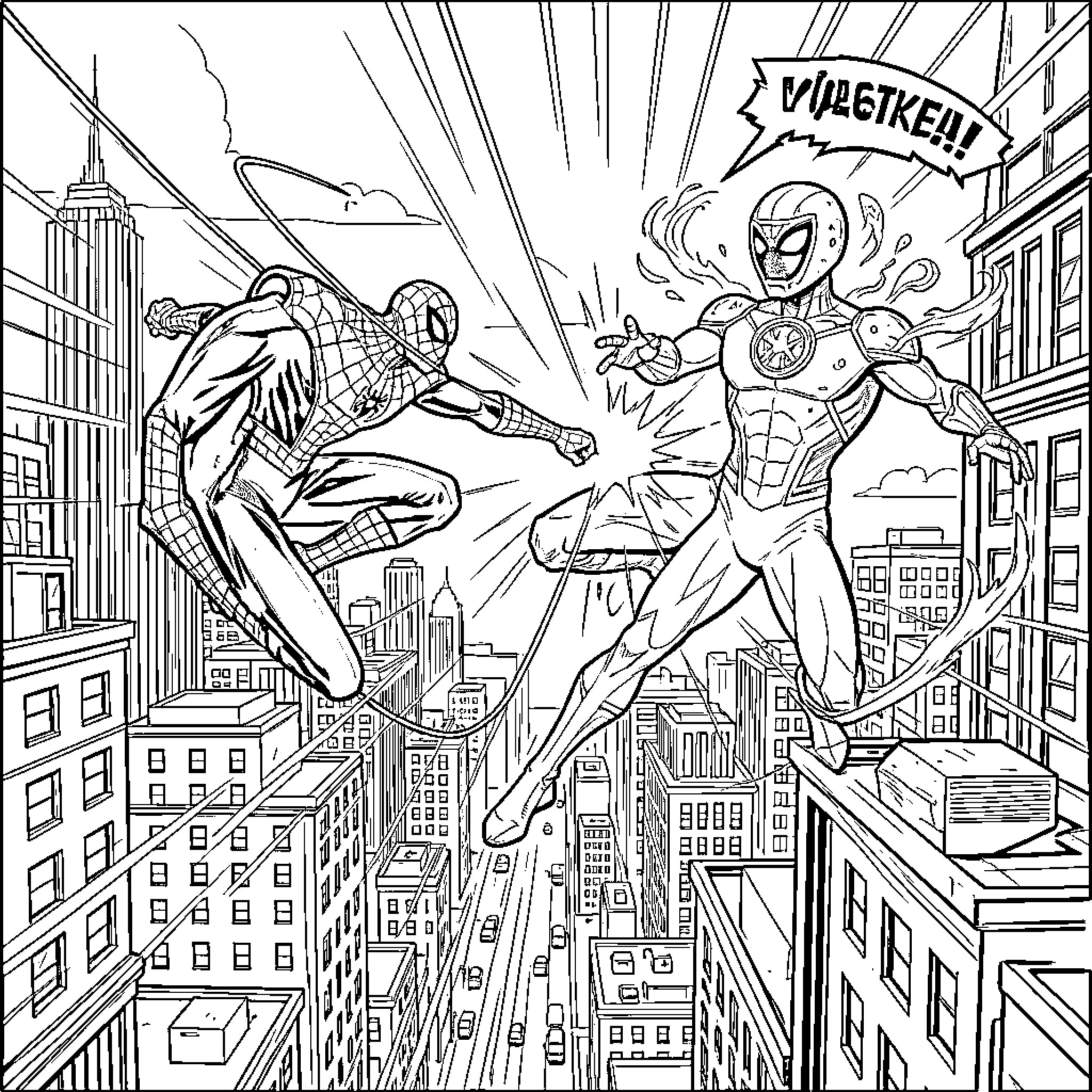 Spiderman facing off against villain in action-packed scene Coloring Page (free black-and-white line drawing printable PDF for all, from beginners to advanced learners, including children, teens, adults, and seniors)