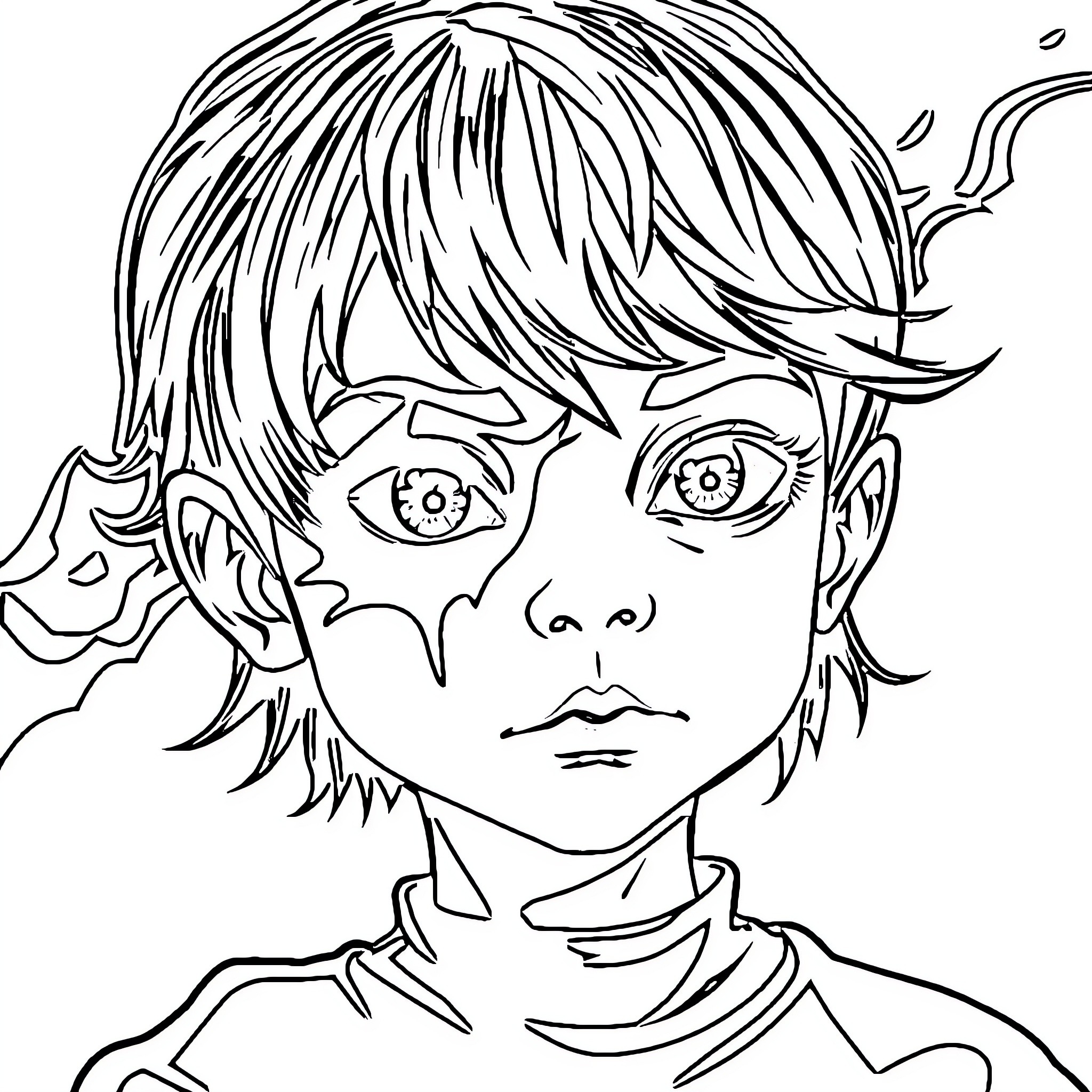 Young Woman with Manga-Inspired Facial Expression Coloring Page (free black-and-white line drawing printable PDF for all, from beginners to advanced learners, including children, teens, adults, and seniors)