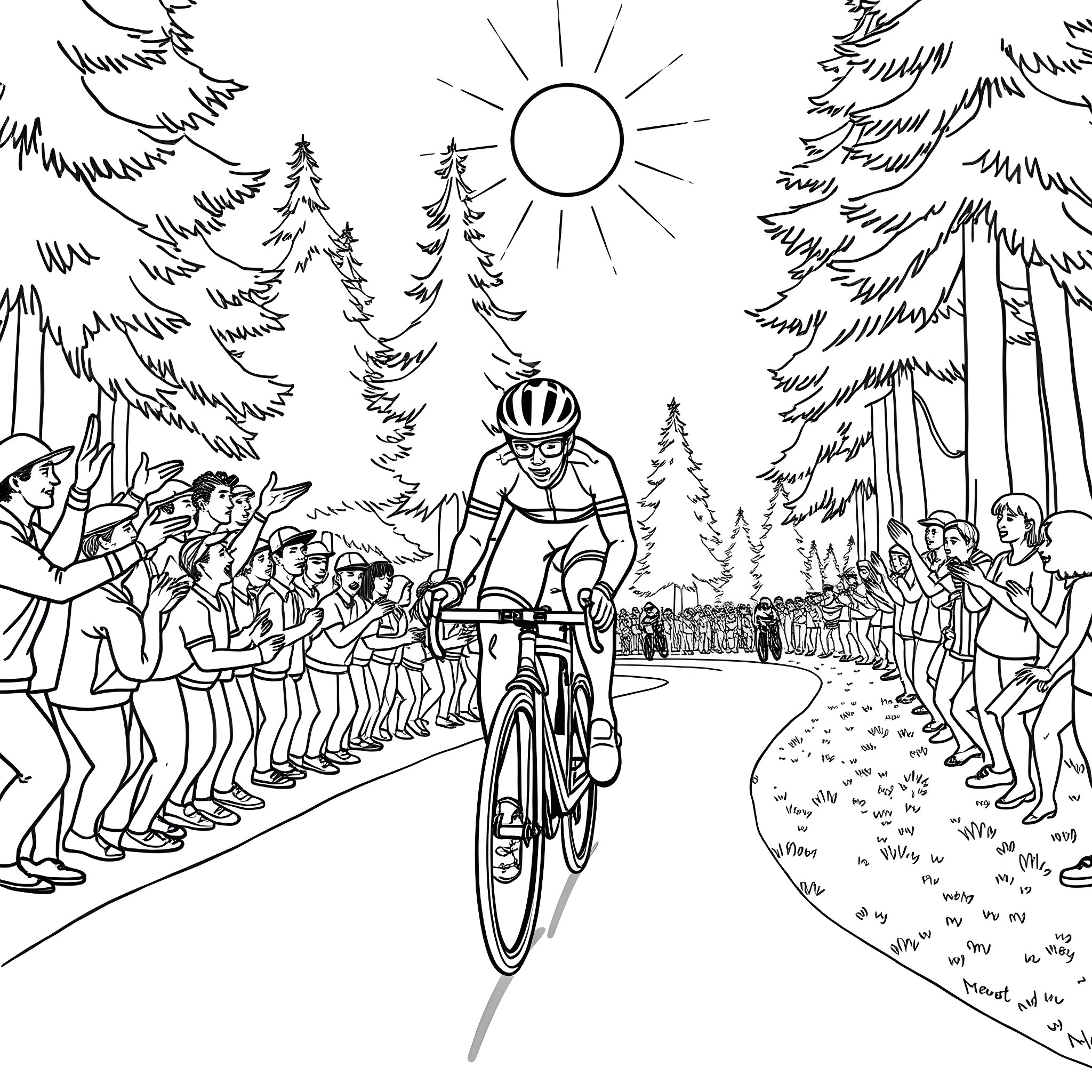 Grizi's Exhilarating Bike Race Through the Scenic Forest Coloring Page (free black-and-white line drawing printable PDF for all, from beginners to advanced learners, including children, teens, adults, and seniors)