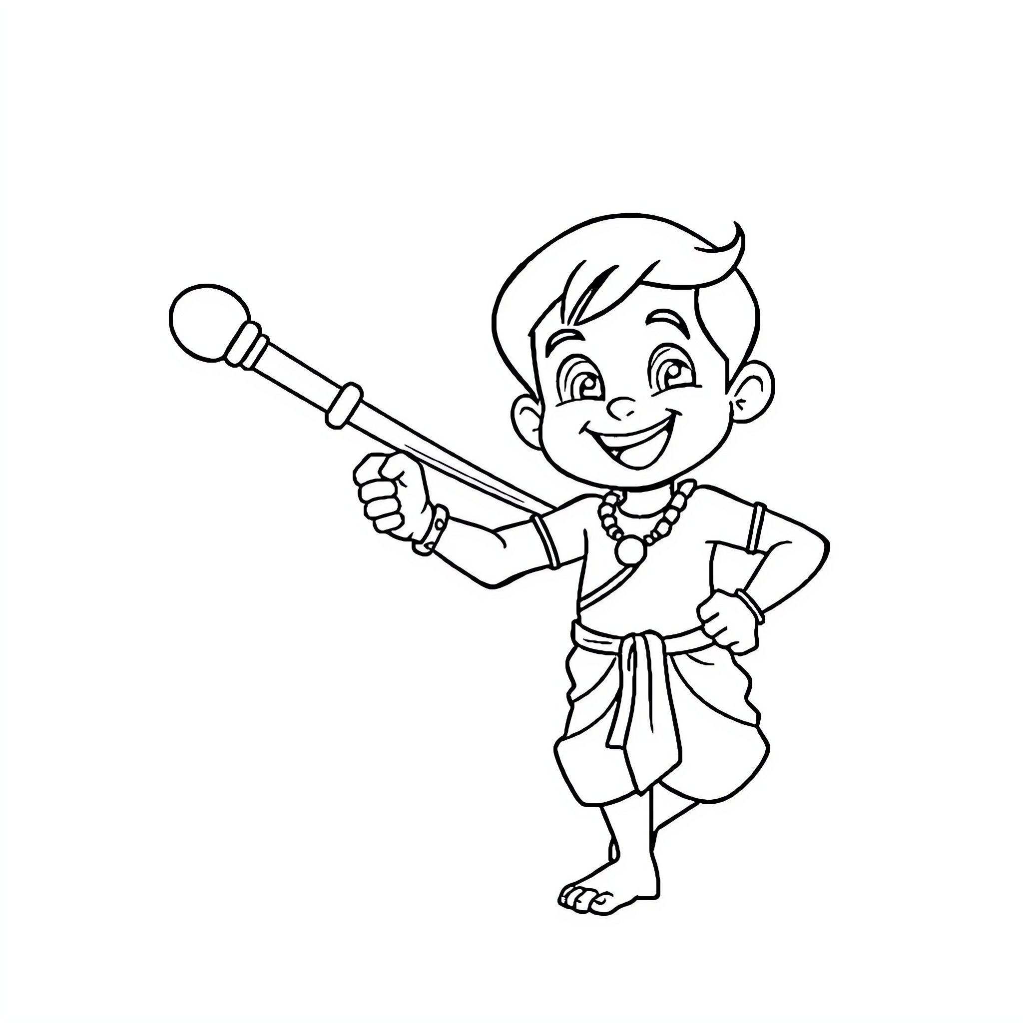 Chota Bheem playing with stick Coloring Page (free black-and-white line drawing printable PDF for all, from beginners to advanced learners, including children, teens, adults, and seniors)