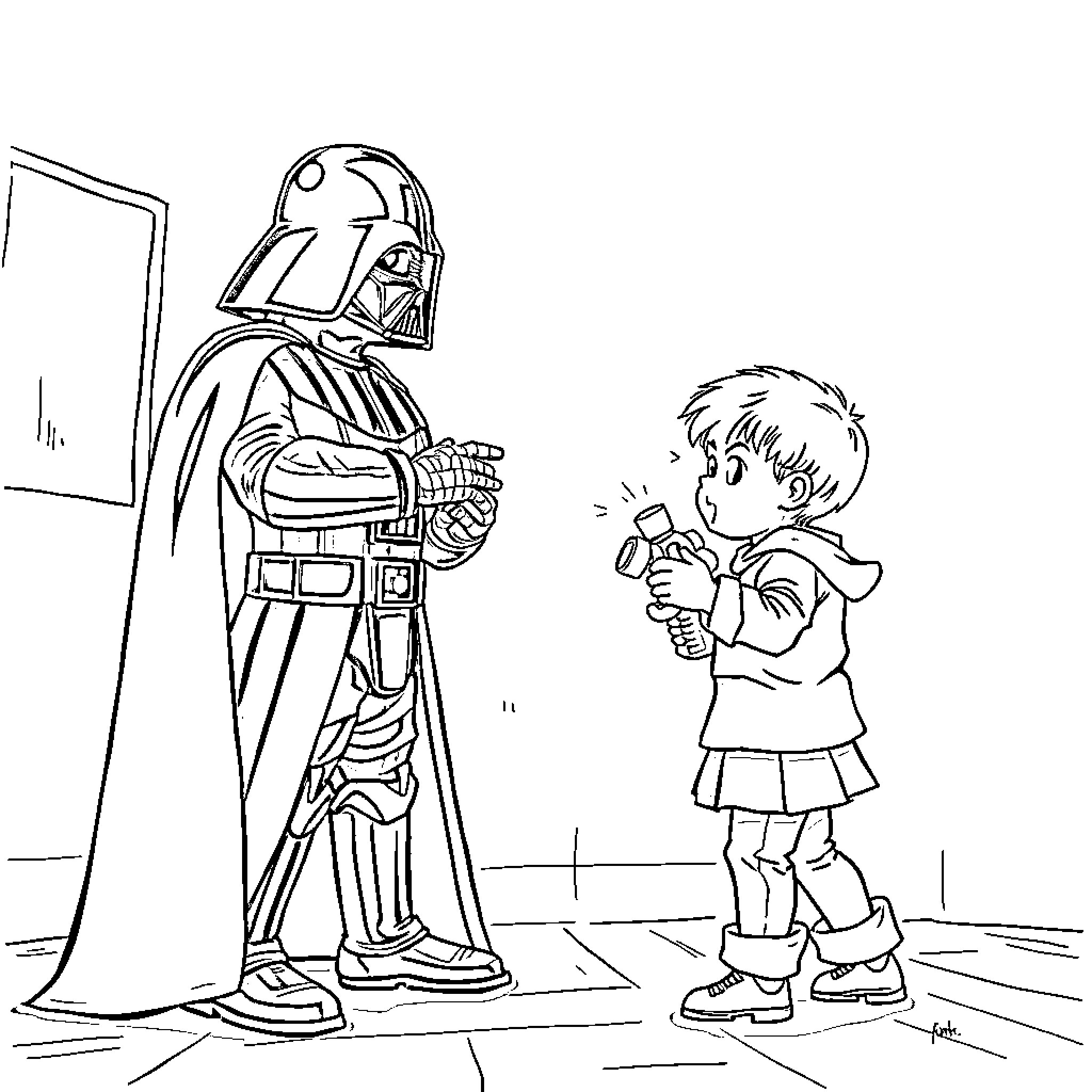 Darth Vader meeting with a child Coloring Page (free black-and-white line drawing printable PDF for all, from beginners to advanced learners, including children, teens, adults, and seniors)