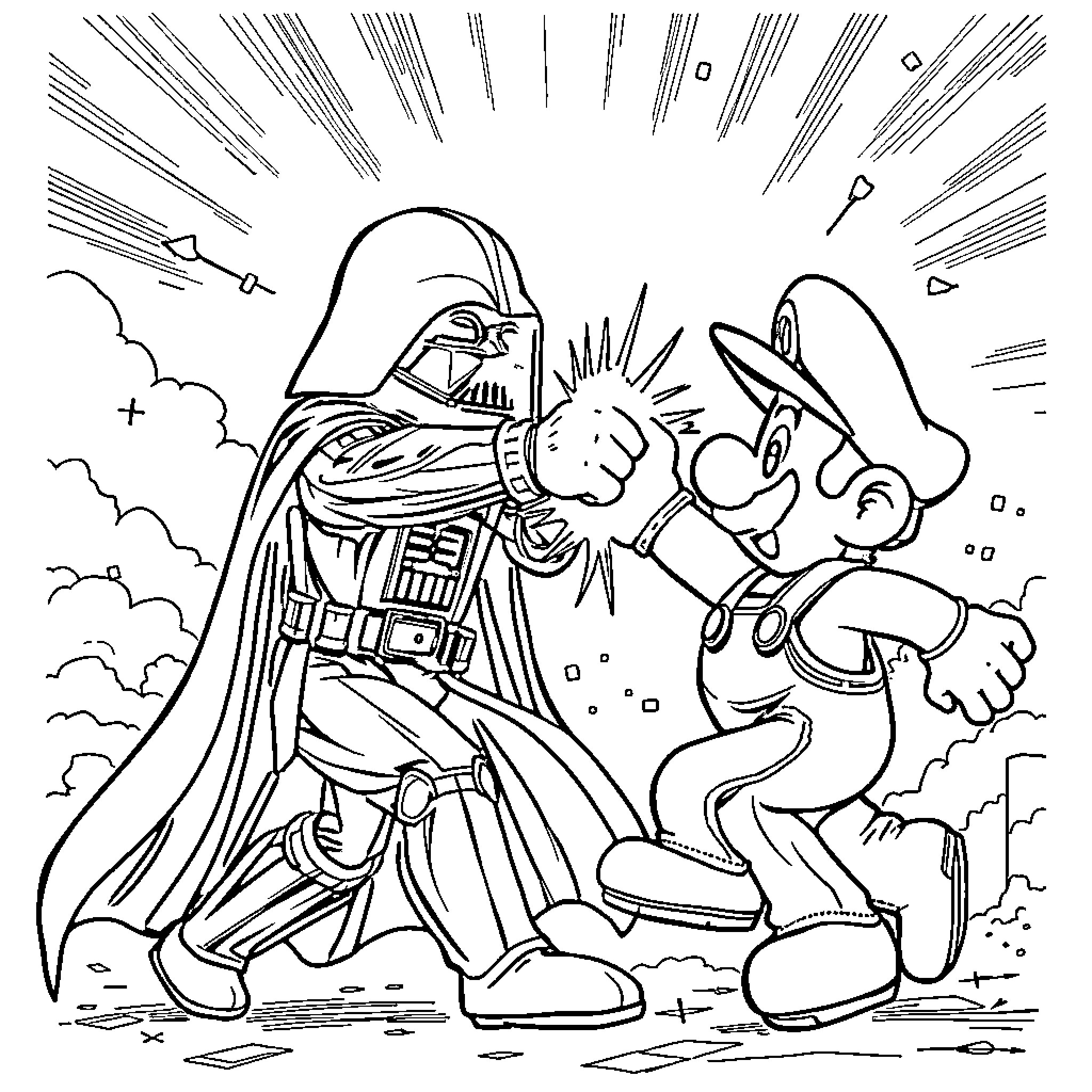 Darth Vader confronts a cartoon character Coloring Page (free black-and-white line drawing printable PDF for all, from beginners to advanced learners, including children, teens, adults, and seniors)