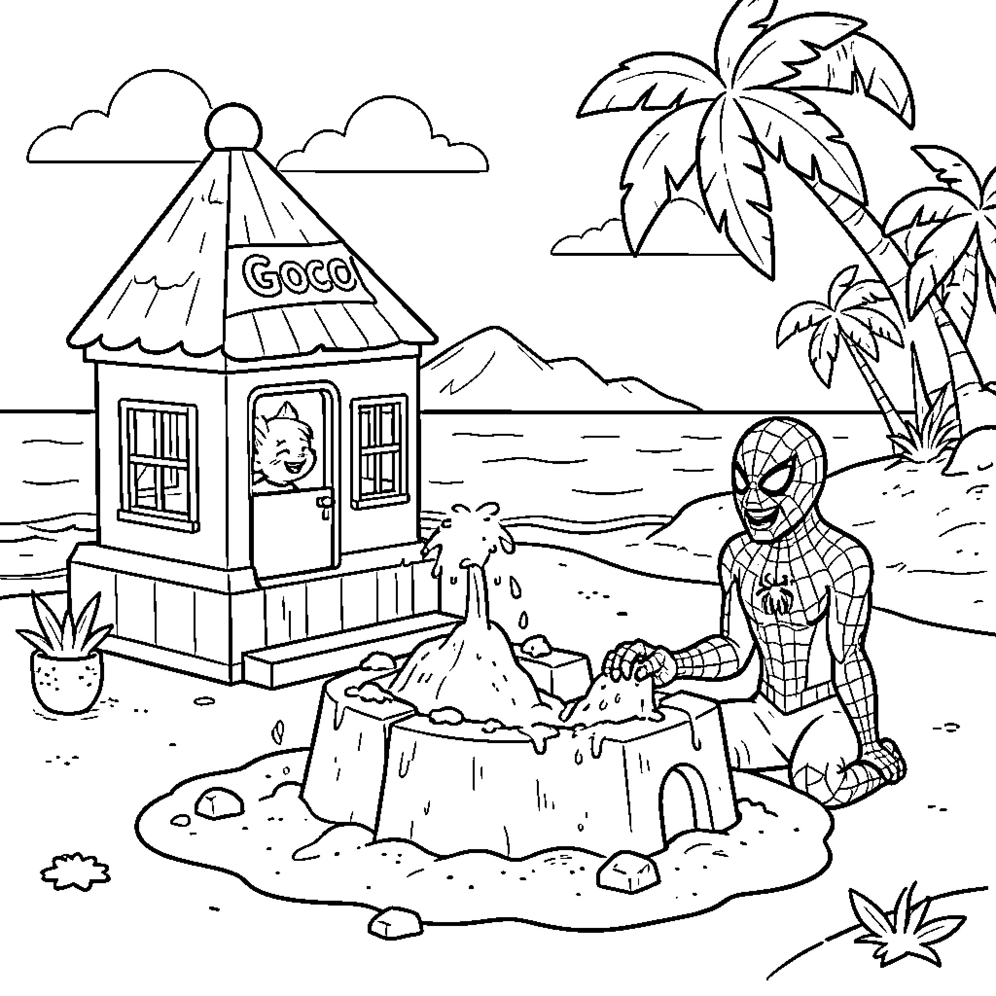Goco character watching Spider-Man building a sandcastle Coloring Page (free black-and-white line drawing printable PDF for all, from beginners to advanced learners, including children, teens, adults, and seniors)
