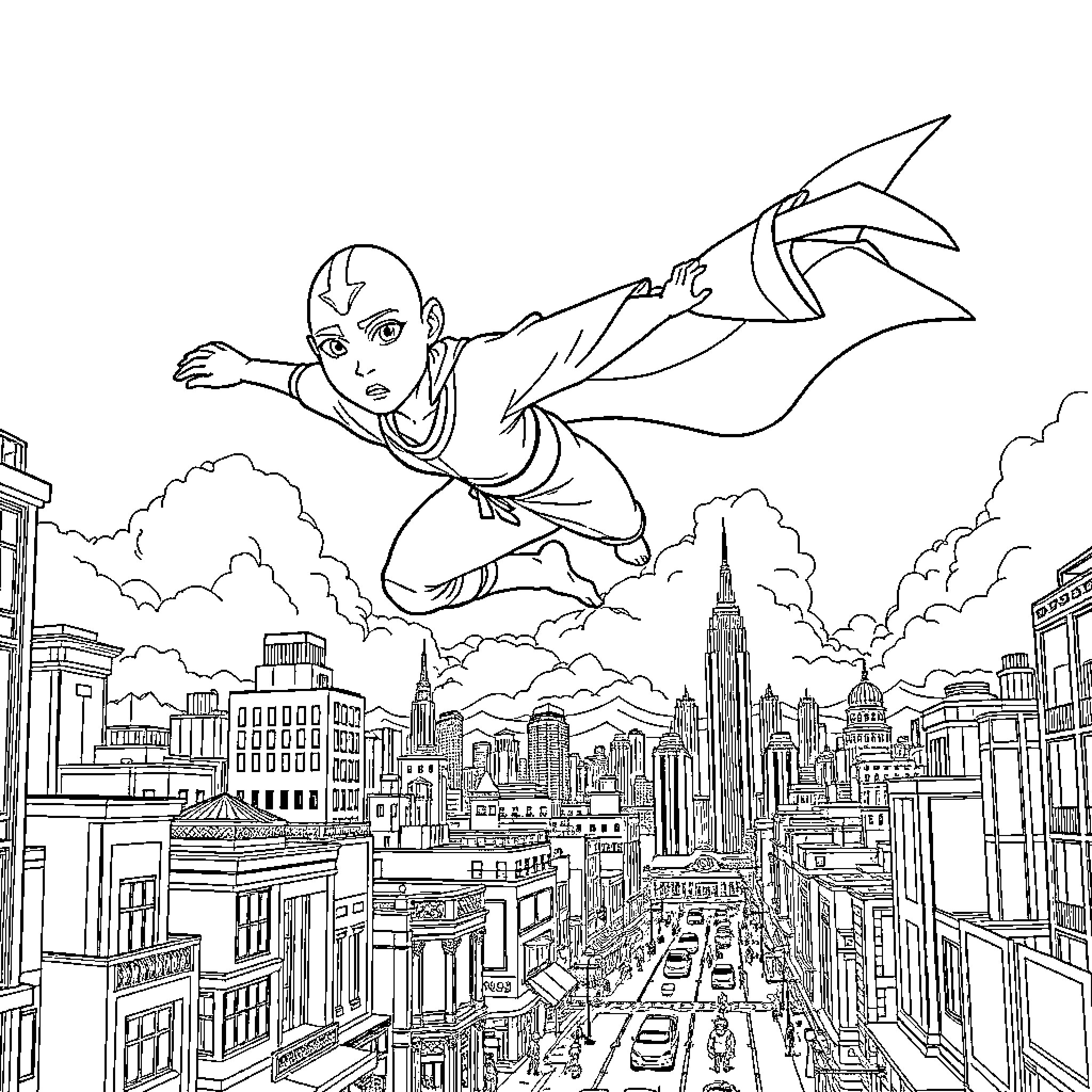 Aang soaring over the city skyline Coloring Page (free black-and-white line drawing printable PDF for all, from beginners to advanced learners, including children, teens, adults, and seniors)