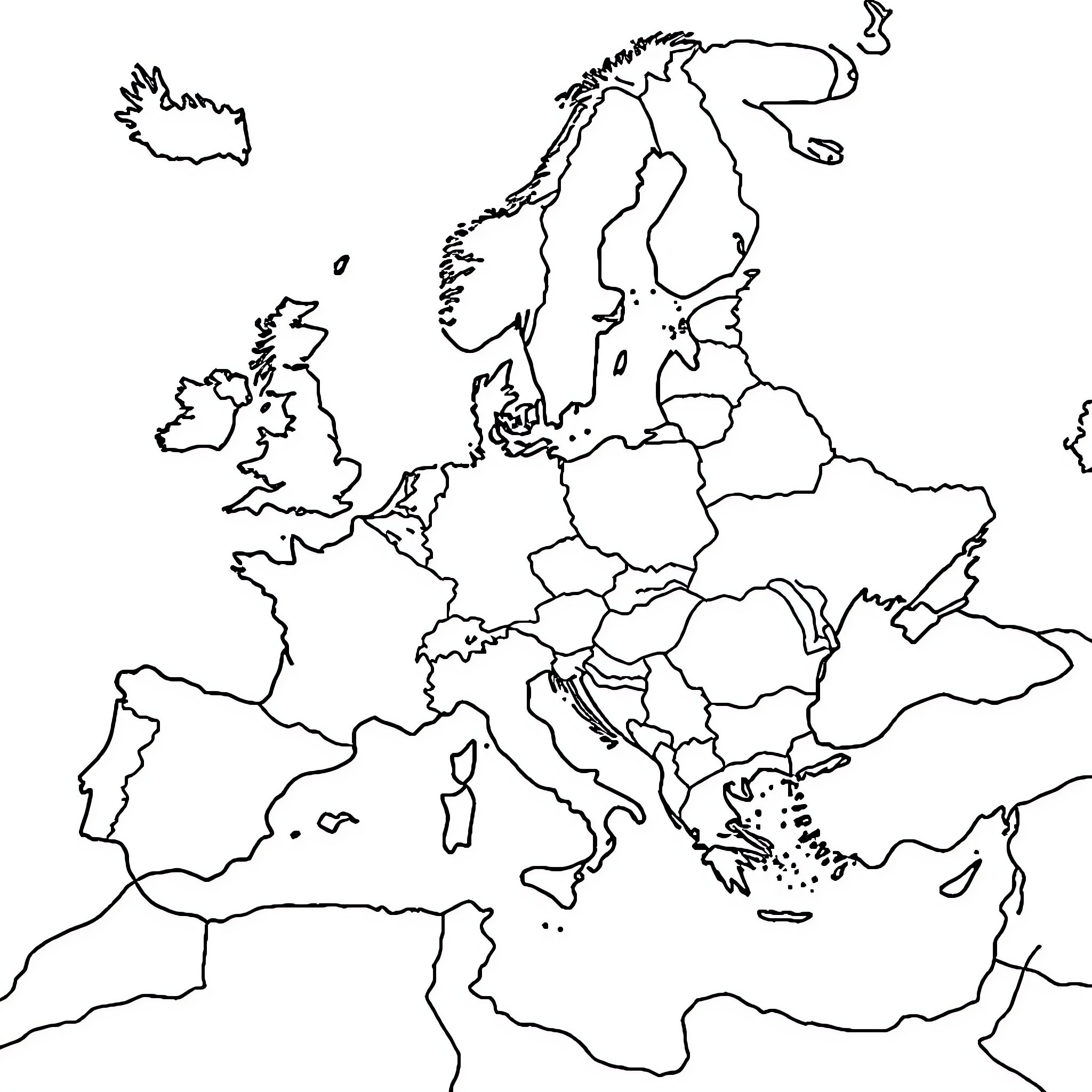 Map of Europe without country labels Coloring Page (free black-and-white line drawing printable PDF for all, from beginners to advanced learners, including children, teens, adults, and seniors)