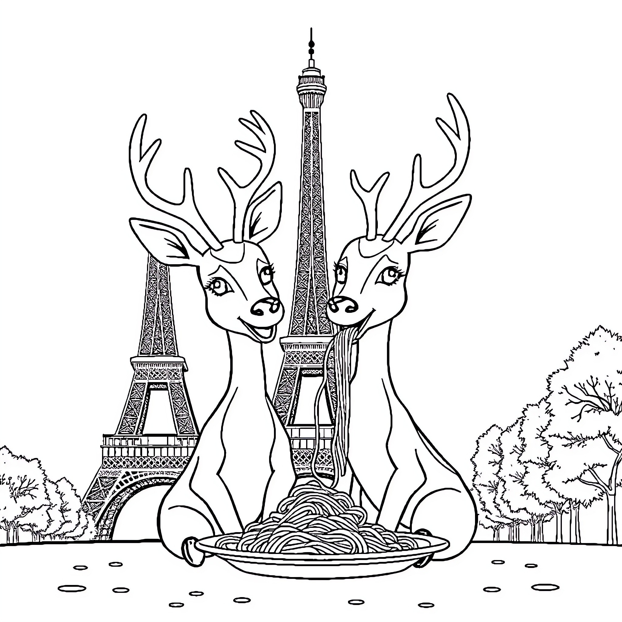Deer sharing spaghetti in front of Eiffel Tower Coloring Page (free black-and-white line drawing printable PDF for all, from beginners to advanced learners, including children, teens, adults, and seniors)