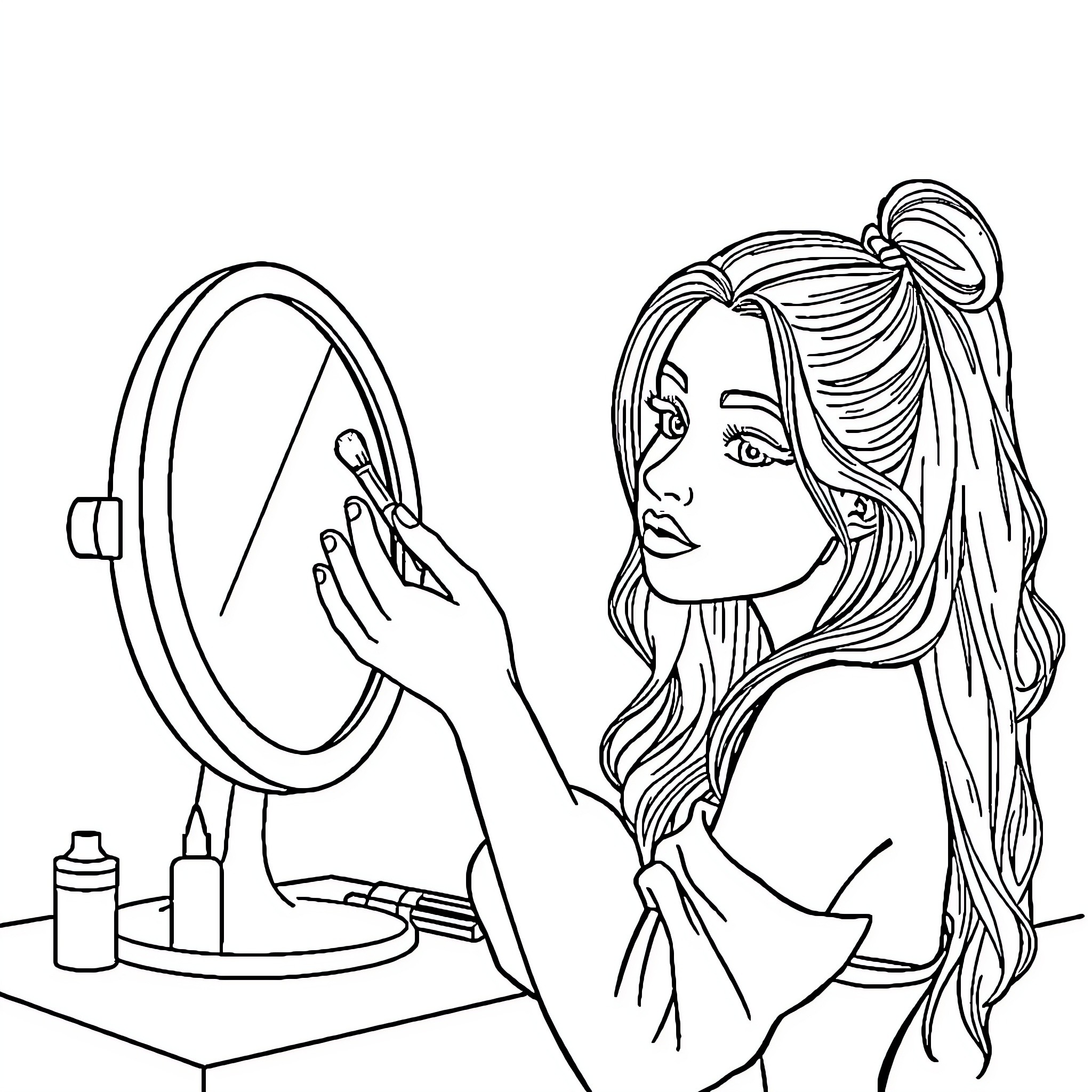 Ariana Grande applying makeup in front of a mirror Coloring Page (free black-and-white line drawing printable PDF for all, from beginners to advanced learners, including children, teens, adults, and seniors)