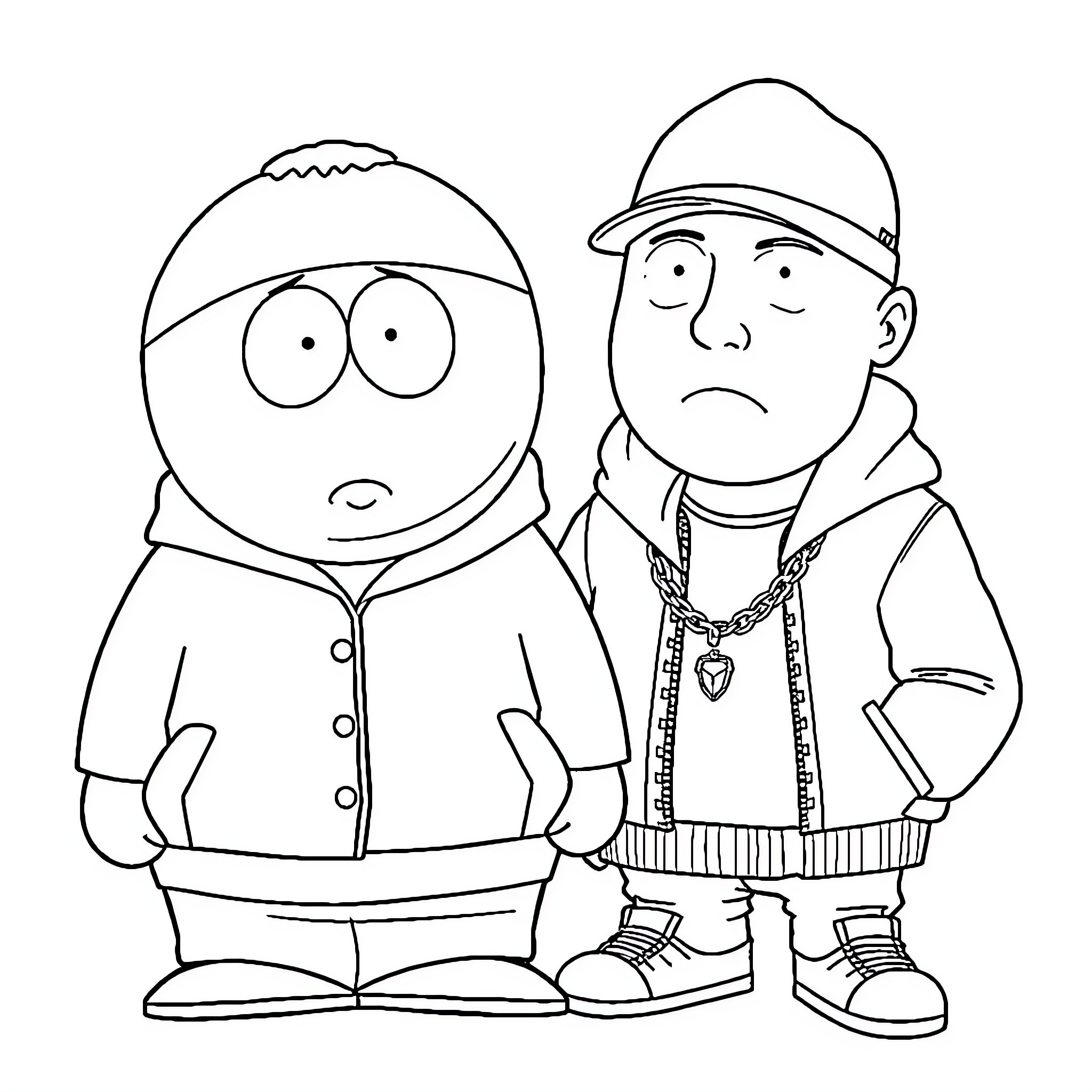 Eric Cartman and friend in winter gear Coloring Page (free black-and-white line drawing printable PDF for all, from beginners to advanced learners, including children, teens, adults, and seniors)