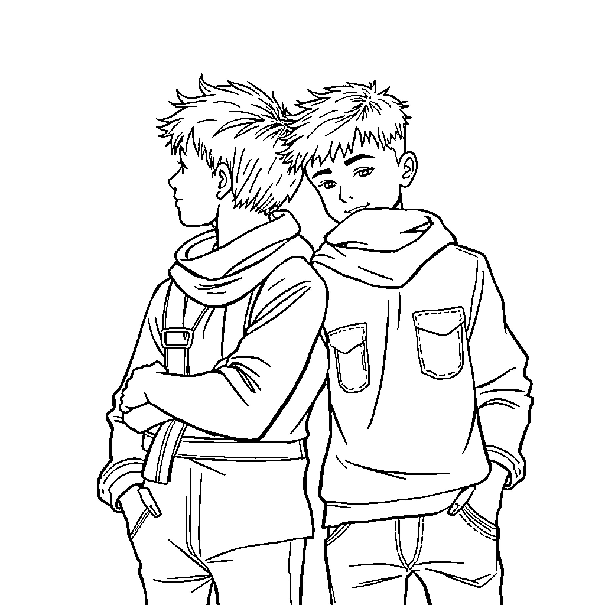Brothers enjoying a friendly moment together Coloring Page (free black-and-white line drawing printable PDF for all, from beginners to advanced learners, including children, teens, adults, and seniors)