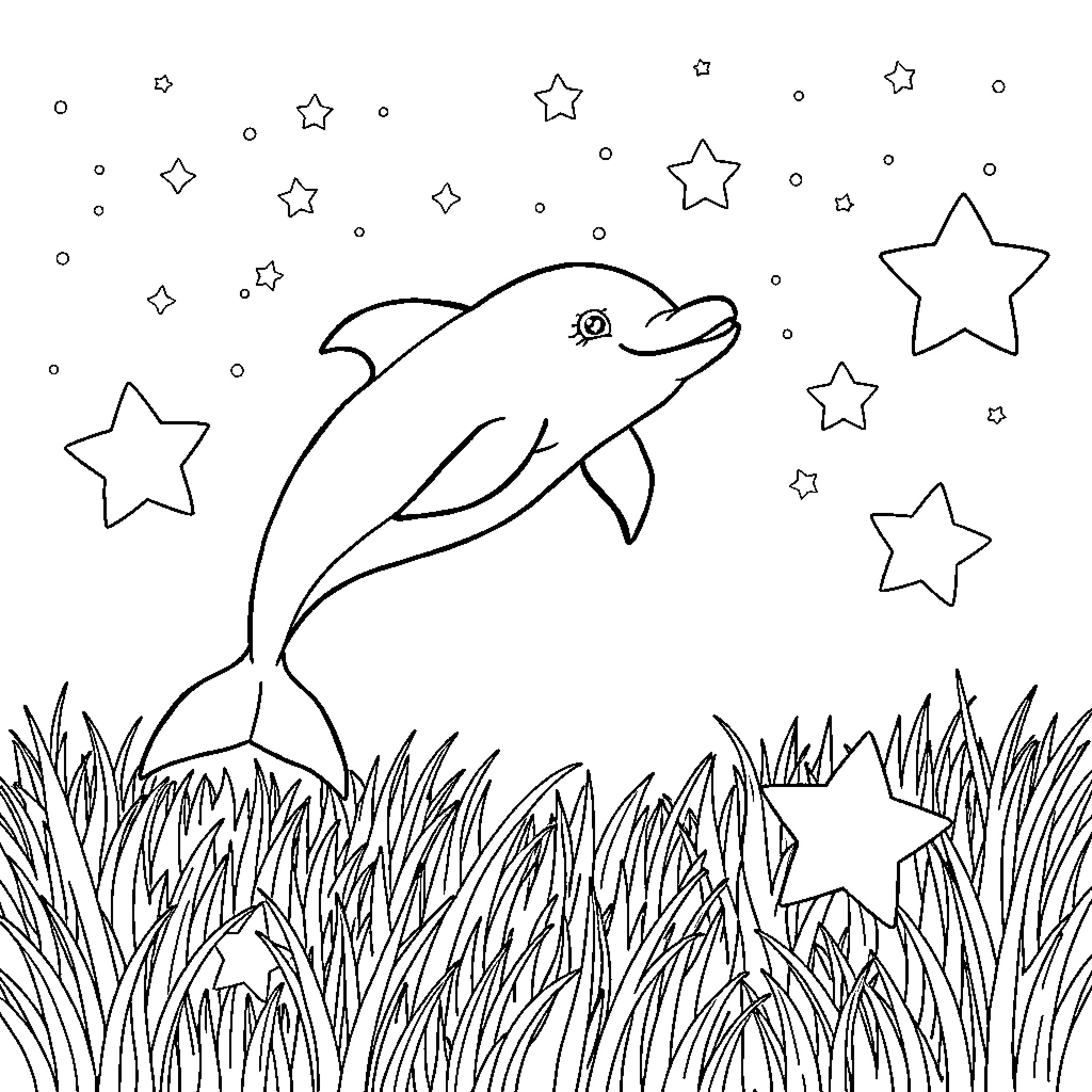 Dolphin jumping amid twinkling stars Coloring Page (free black-and-white line drawing printable PDF for all, from beginners to advanced learners, including children, teens, adults, and seniors)