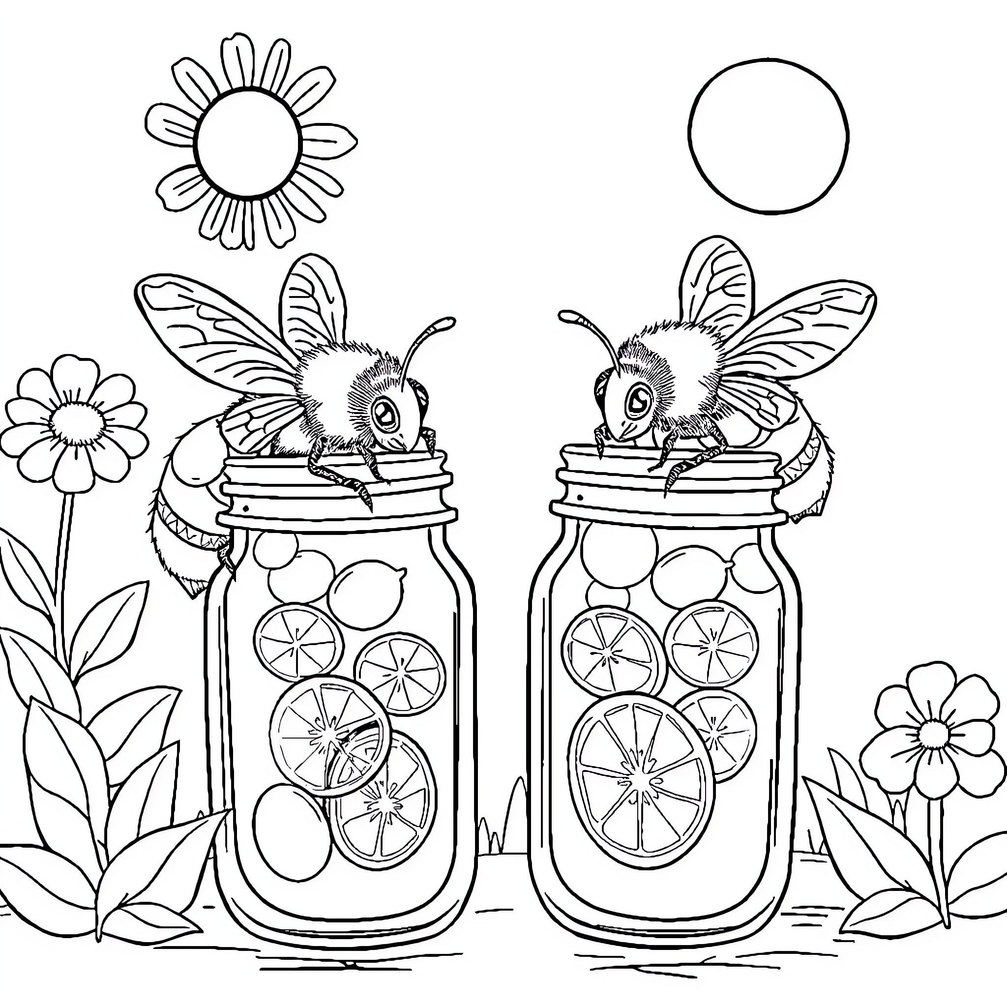 Bumble Bees Enjoying Refreshing Drinks in Jars Coloring Page (free black-and-white line drawing printable PDF for all, from beginners to advanced learners, including children, teens, adults, and seniors)
