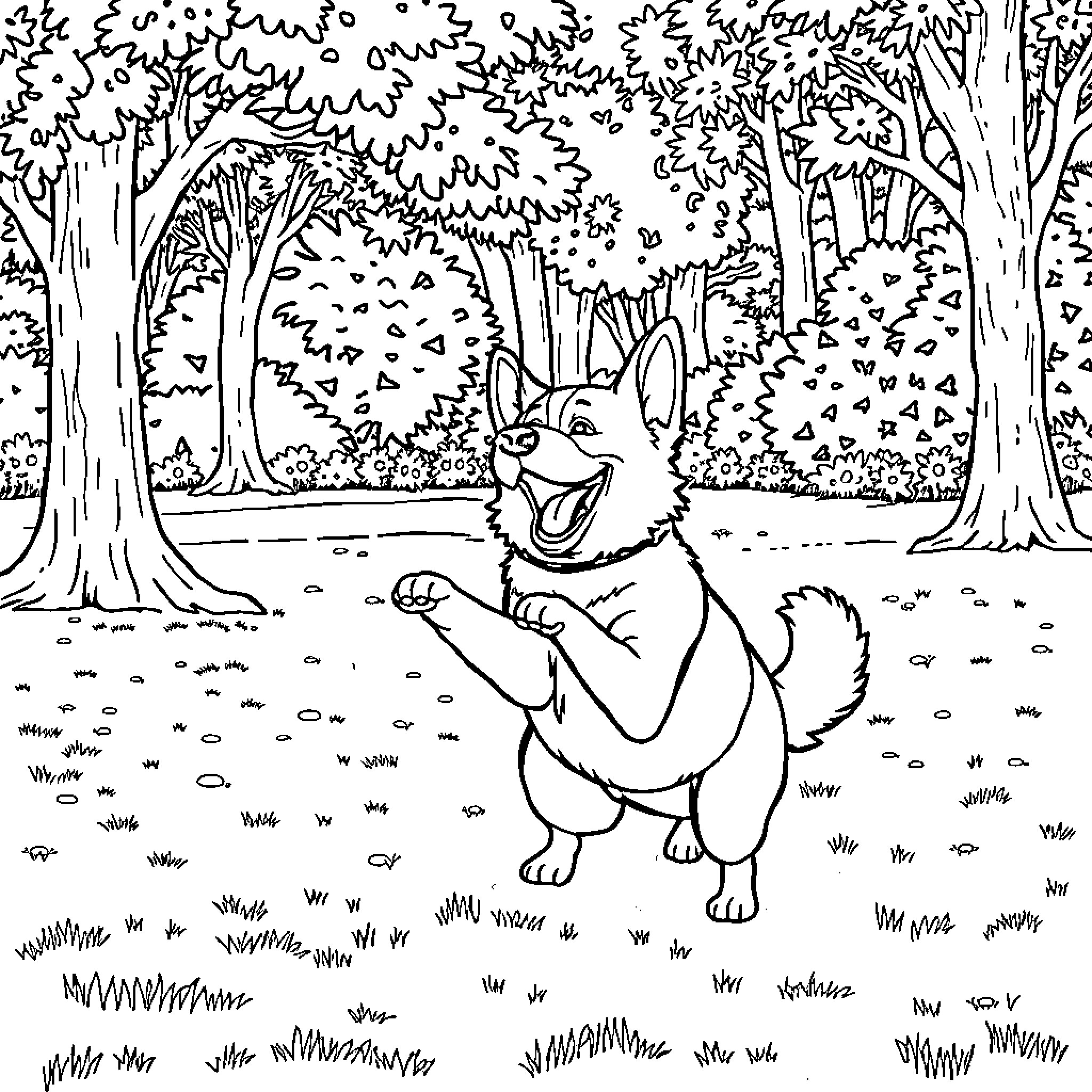Dog exploring the enchanting forest Coloring Page (free black-and-white line drawing printable PDF for all, from beginners to advanced learners, including children, teens, adults, and seniors)