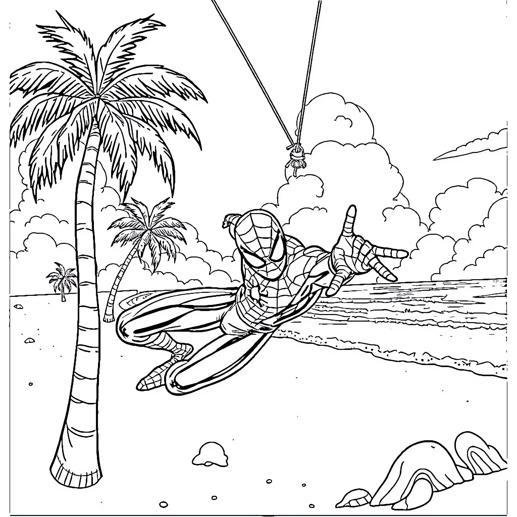 Spiderman swinging through a tropical beach scene Coloring Page (free black-and-white line drawing printable PDF for all, from beginners to advanced learners, including children, teens, adults, and seniors)