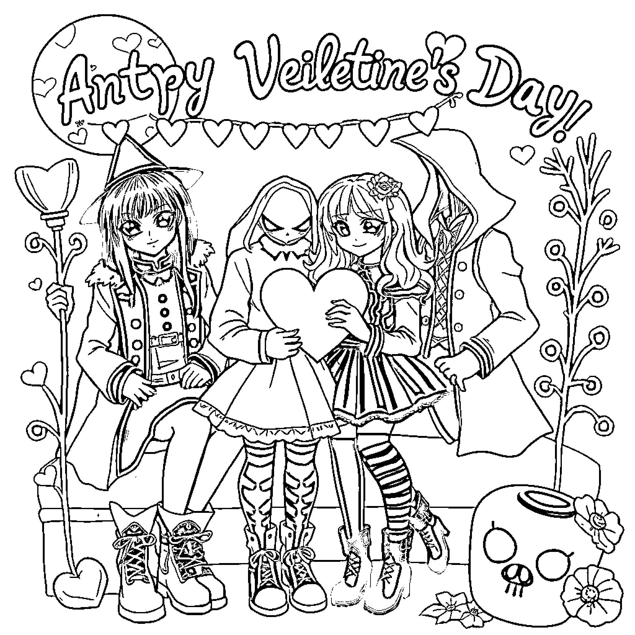 Goth Girls Celebrating Valentine's Day Coloring Page (free black-and-white line drawing printable PDF for all, from beginners to advanced learners, including children, teens, adults, and seniors)