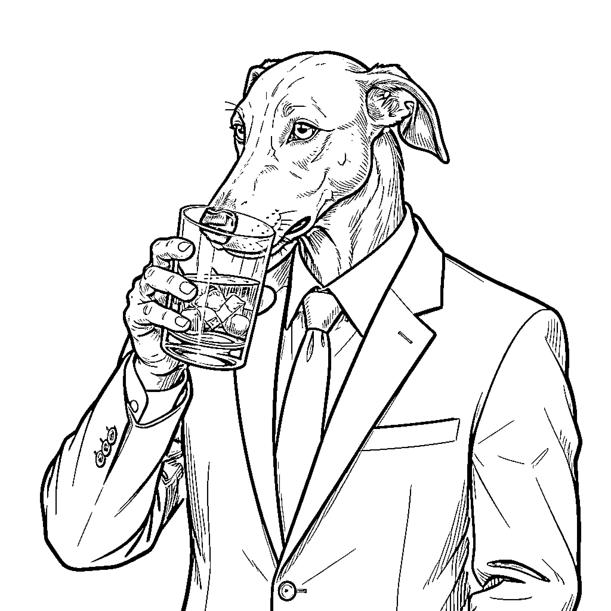 Greyhound in a business suit enjoying a cocktail Coloring Page (free black-and-white line drawing printable PDF for all, from beginners to advanced learners, including children, teens, adults, and seniors)