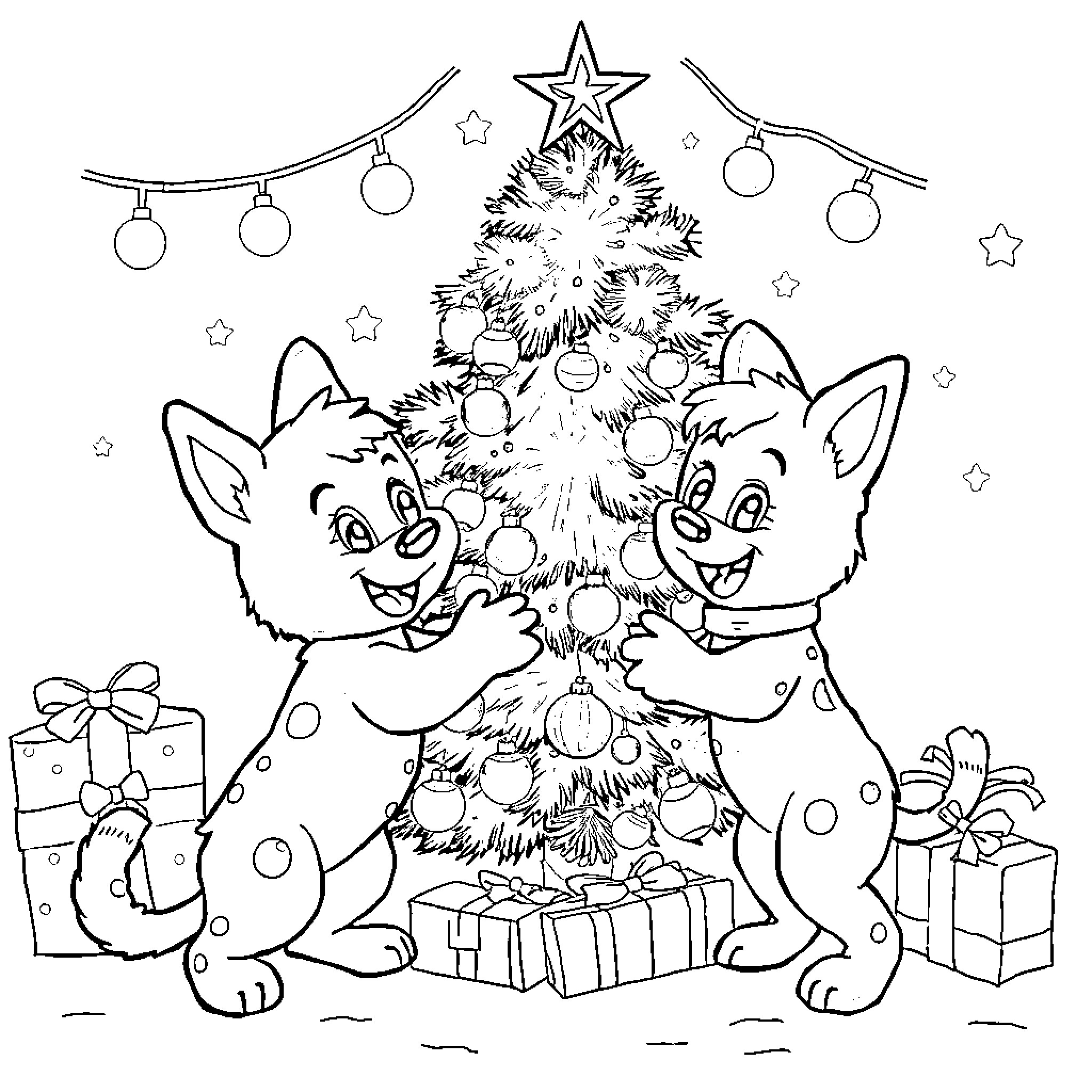 Bluey and friends decorate Christmas tree with presents Coloring Page (free black-and-white line drawing printable PDF for all, from beginners to advanced learners, including children, teens, adults, and seniors)