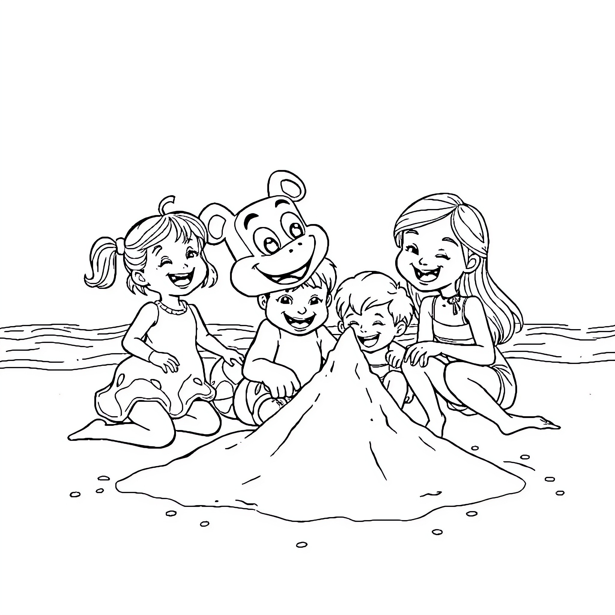 Bluey and friends play happily on the beach Coloring Page (free black-and-white line drawing printable PDF for all, from beginners to advanced learners, including children, teens, adults, and seniors)