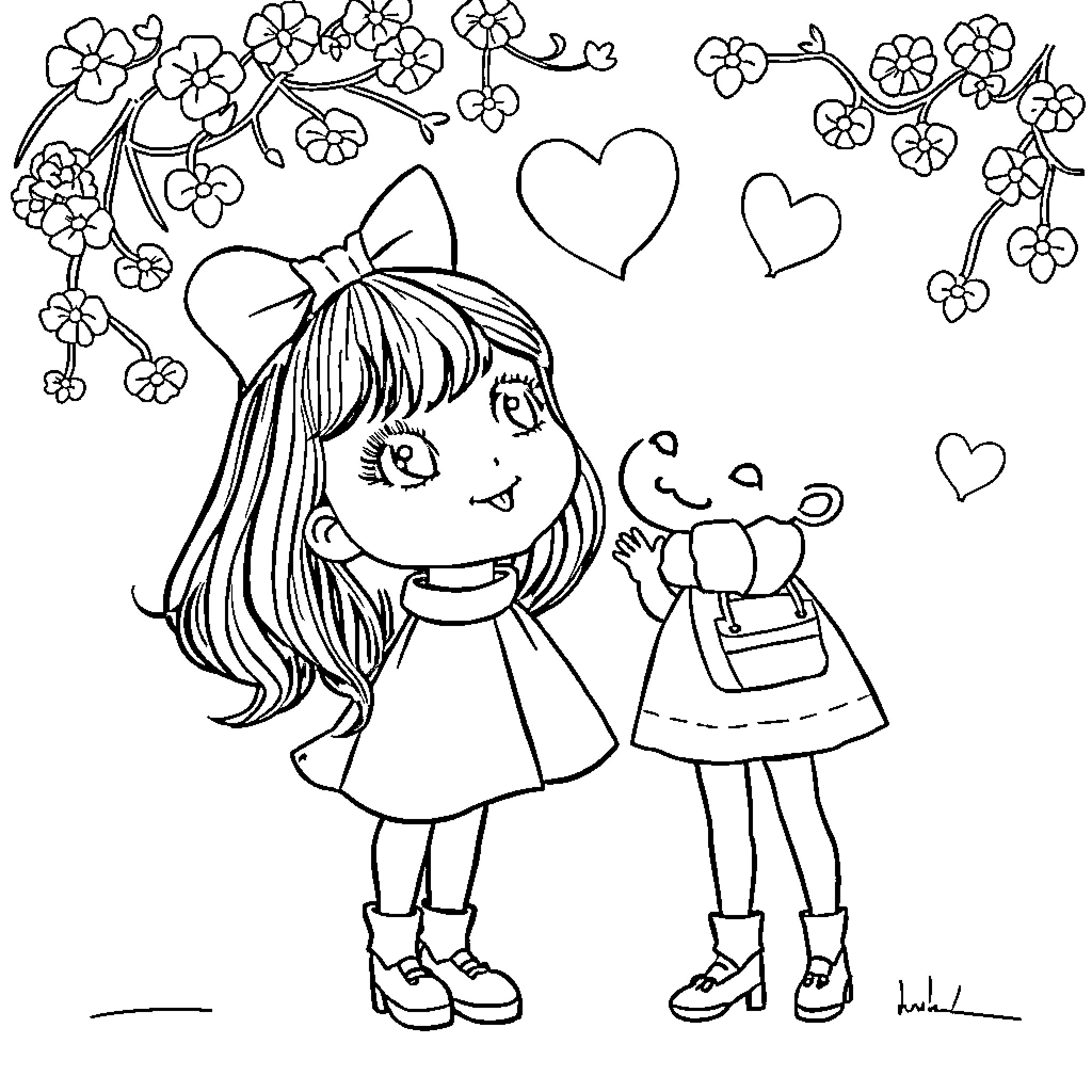 Coco's Cheerful Adventure with Stuffed Friend Coloring Page (free black-and-white line drawing printable PDF for all, from beginners to advanced learners, including children, teens, adults, and seniors)