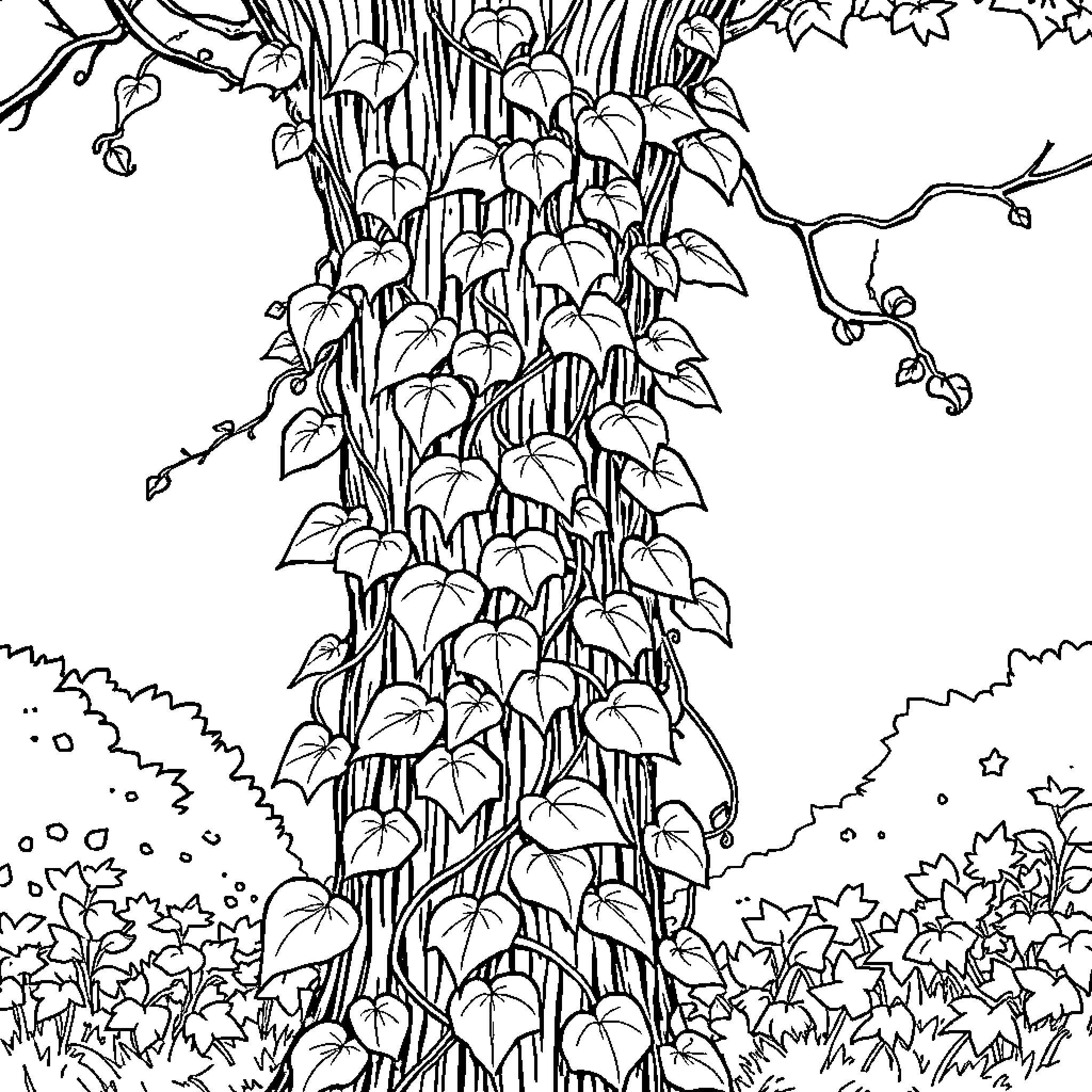 Poison Ivy's Enchanting Botanical Sanctuary Coloring Page (free black-and-white line drawing printable PDF for all, from beginners to advanced learners, including children, teens, adults, and seniors)