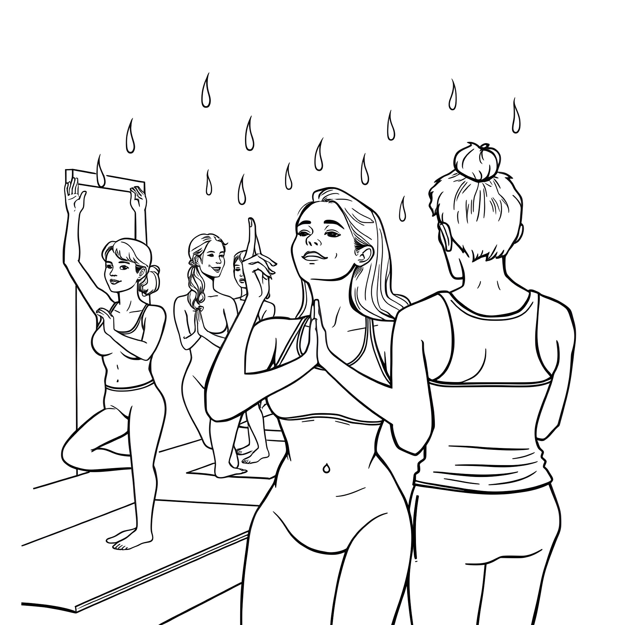 Yoga Poses and Practice in Rainy Weather Coloring Page (free black-and-white line drawing printable PDF for all, from beginners to advanced learners, including children, teens, adults, and seniors)