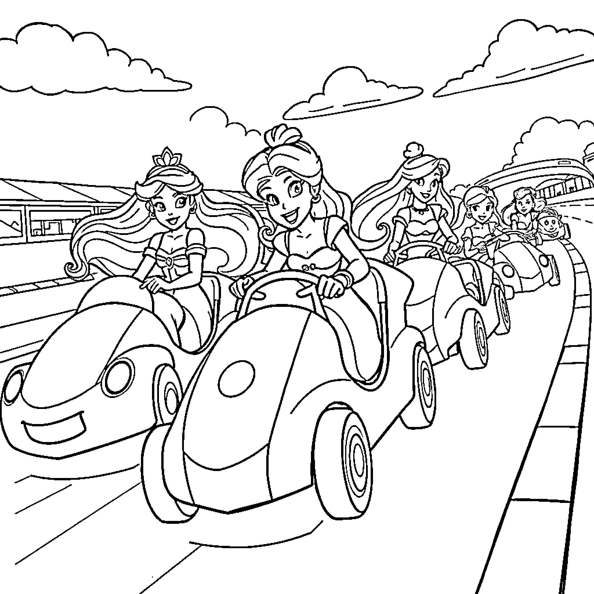 Princess Caravan Adventure in the Clouds Coloring Page (free black-and-white line drawing printable PDF for all, from beginners to advanced learners, including children, teens, adults, and seniors)