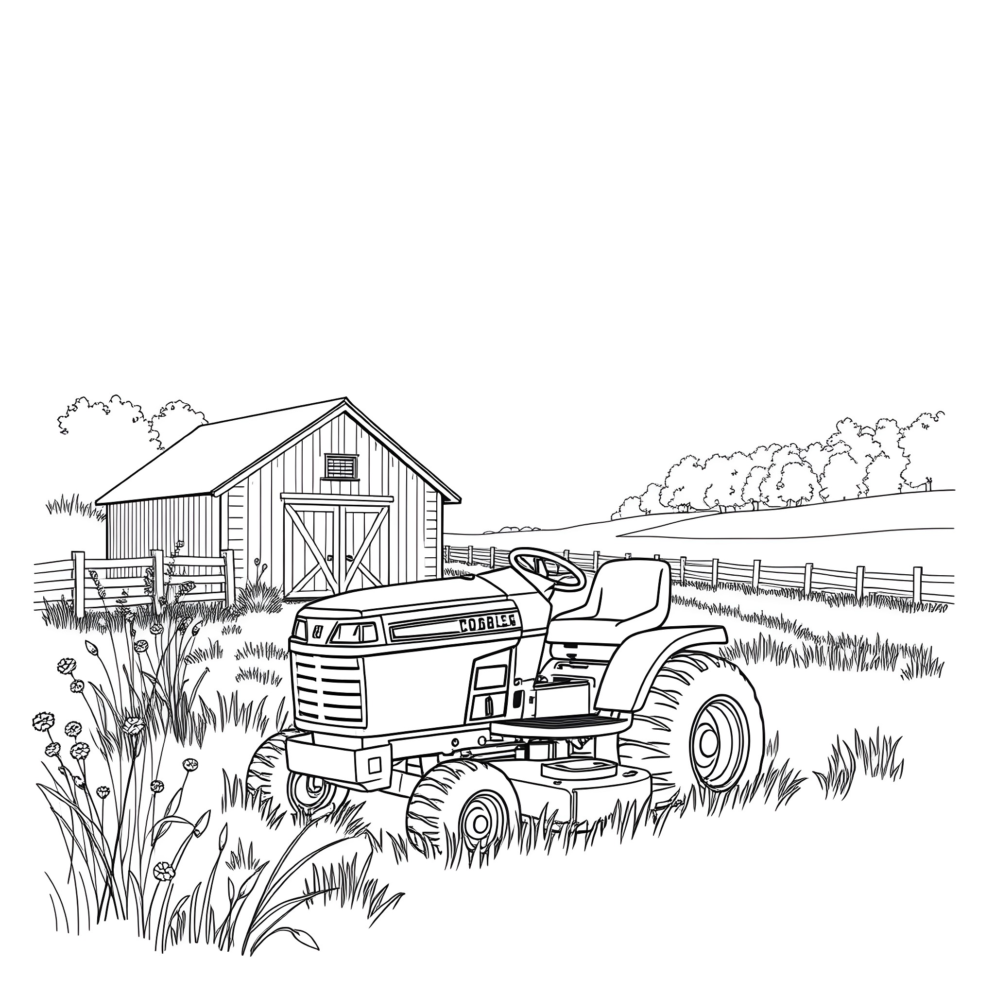 Riding Mower cutting the grass near the barn Coloring Page (free black-and-white line drawing printable PDF for all, from beginners to advanced learners, including children, teens, adults, and seniors)