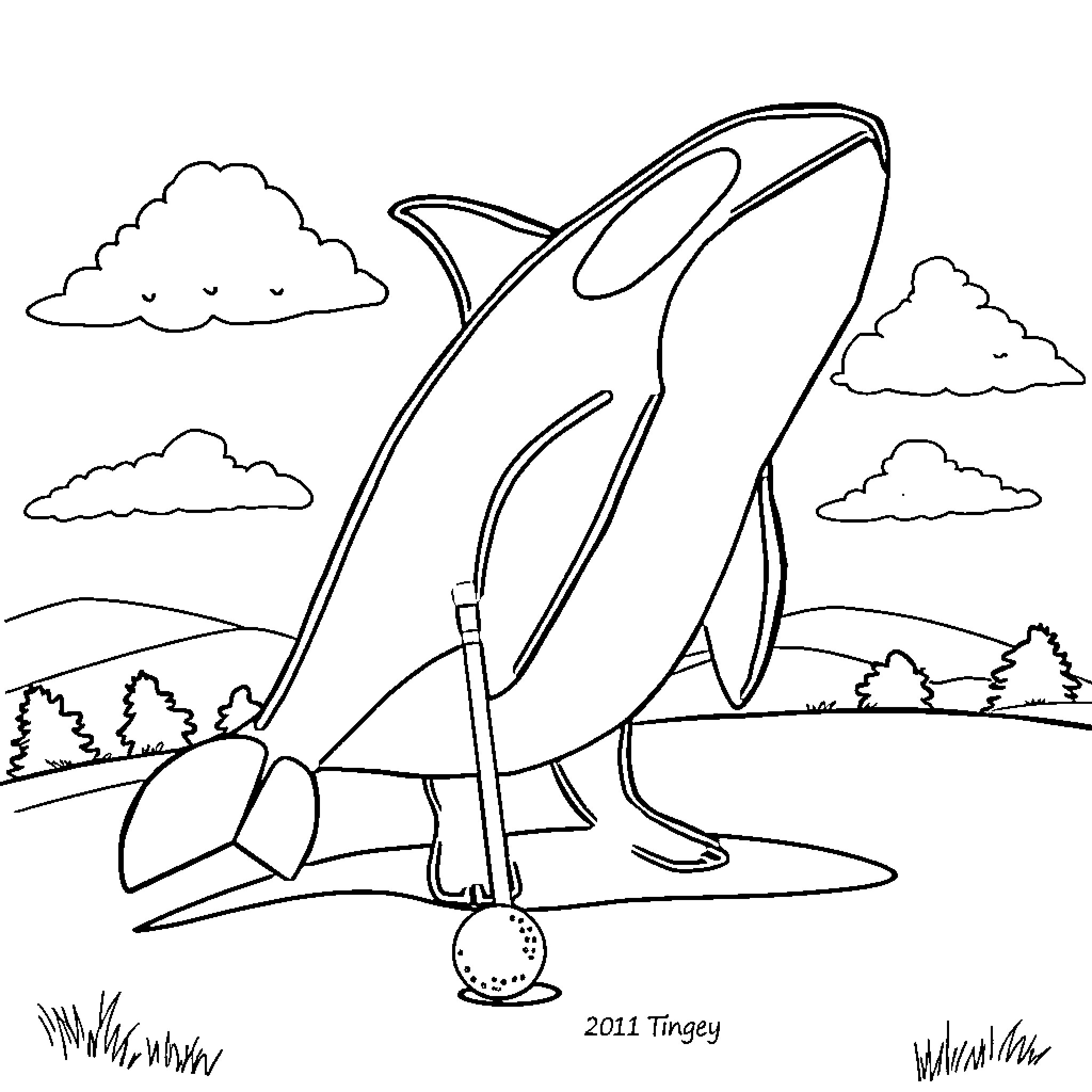 Orca playing golf in the park Coloring Page (free black-and-white line drawing printable PDF for all, from beginners to advanced learners, including children, teens, adults, and seniors)