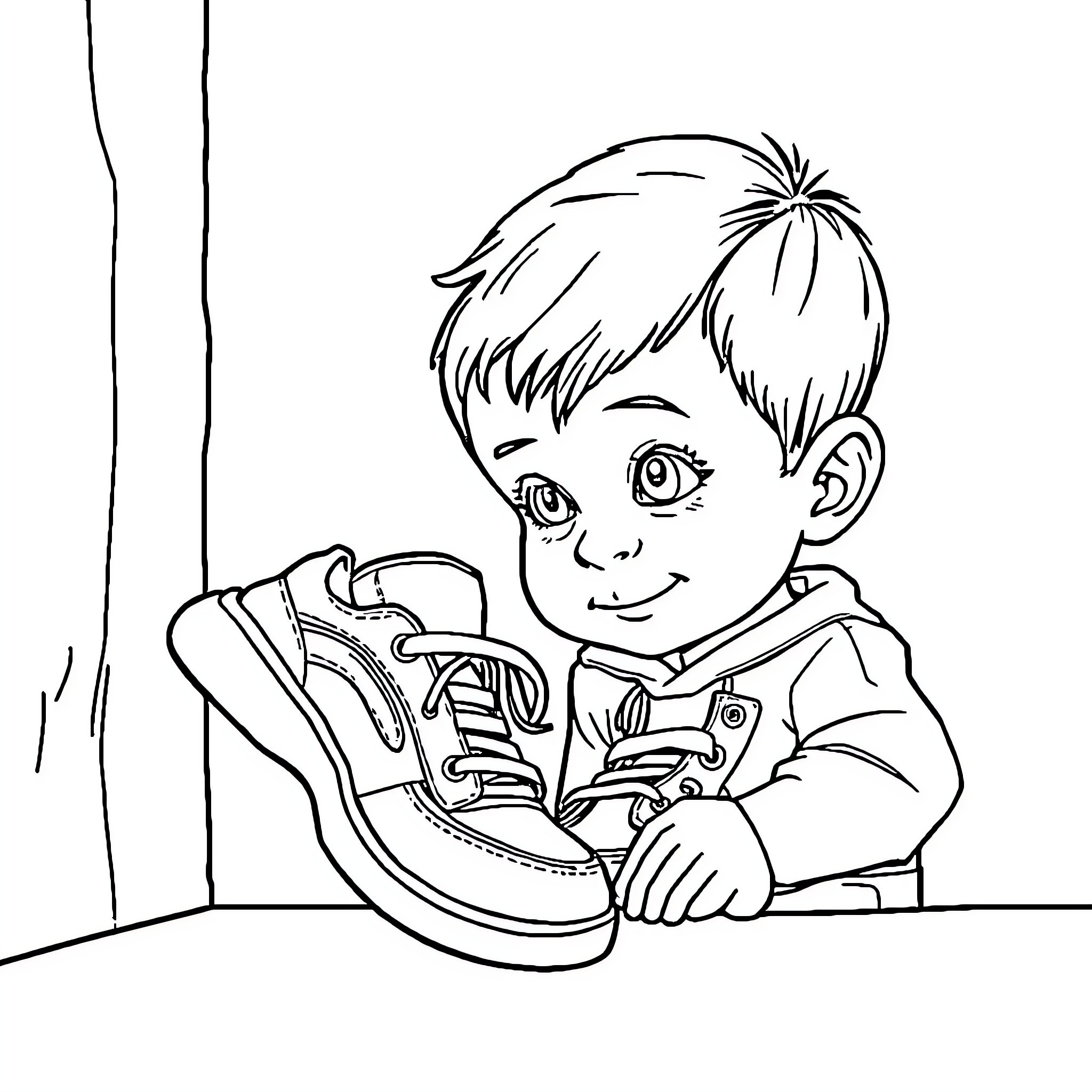 Shoe Tying Fun with Boy Coloring Page (free black-and-white line drawing printable PDF for all, from beginners to advanced learners, including children, teens, adults, and seniors)