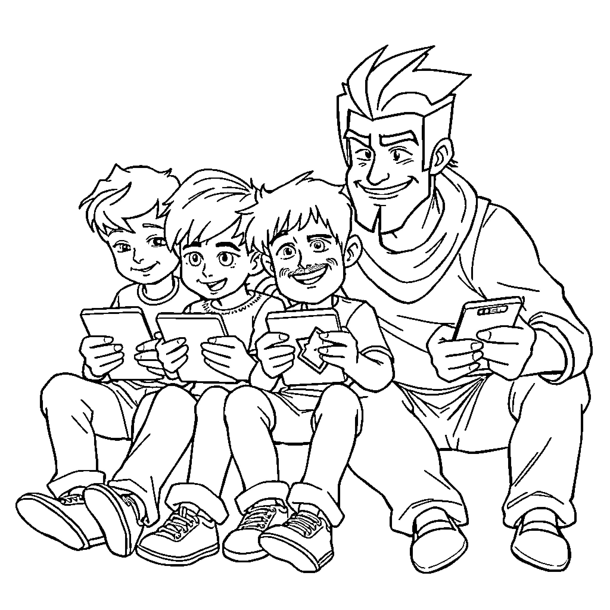 Boy playing mobile games with family Coloring Page (free black-and-white line drawing printable PDF for all, from beginners to advanced learners, including children, teens, adults, and seniors)