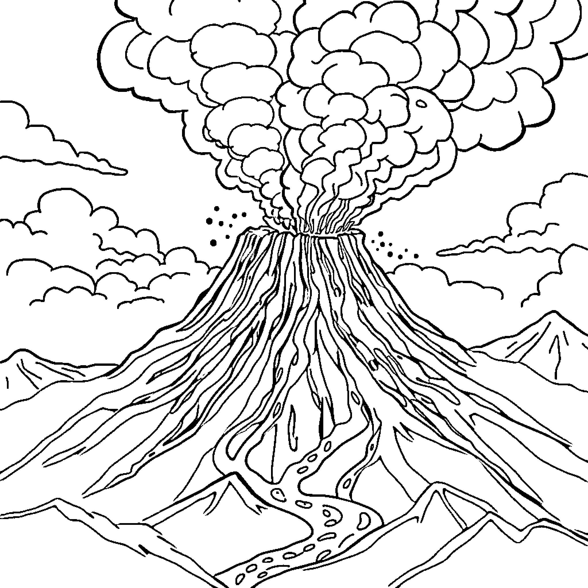 Volcano erupting with dramatic smoke and clouds Coloring Page (free black-and-white line drawing printable PDF for all, from beginners to advanced learners, including children, teens, adults, and seniors)