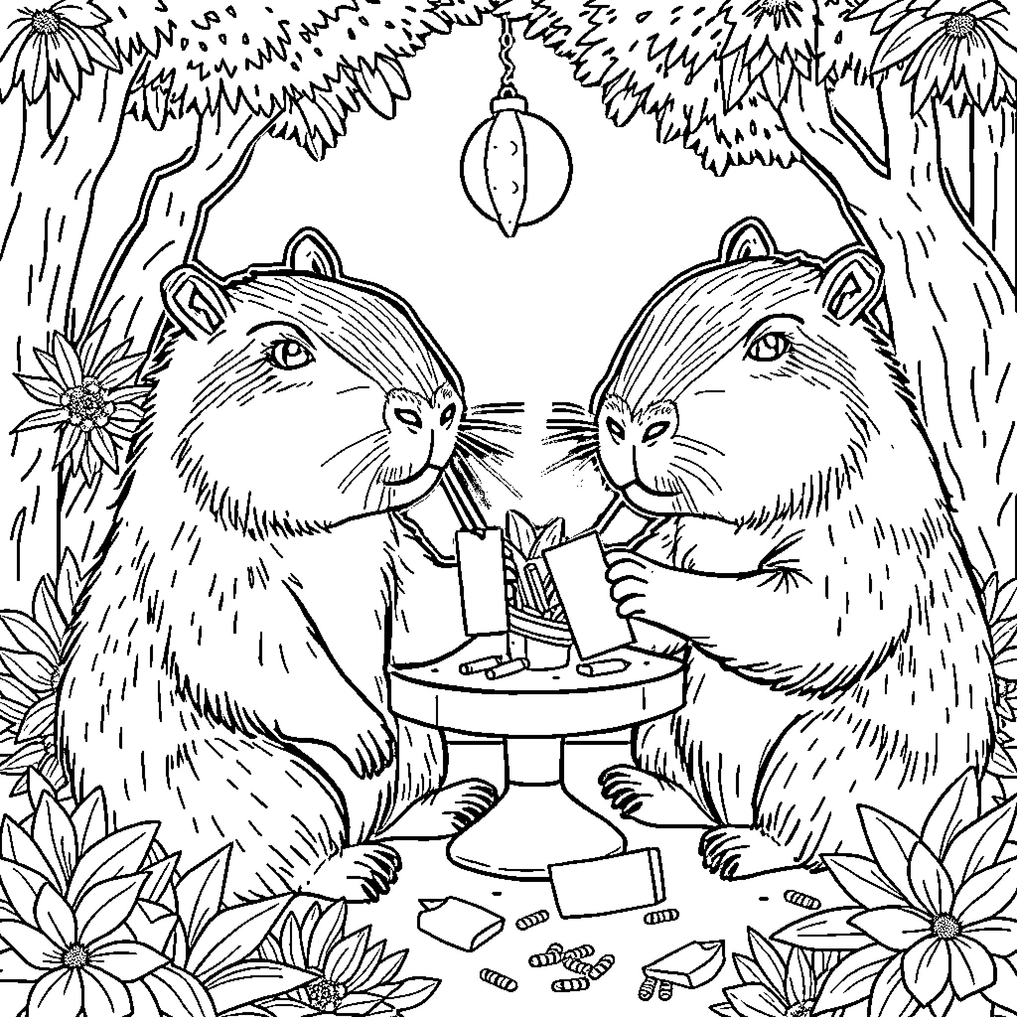 Capybara Companions Enjoying a Cozy Picnic in the Wild Coloring Page (free black-and-white line drawing printable PDF for all, from beginners to advanced learners, including children, teens, adults, and seniors)