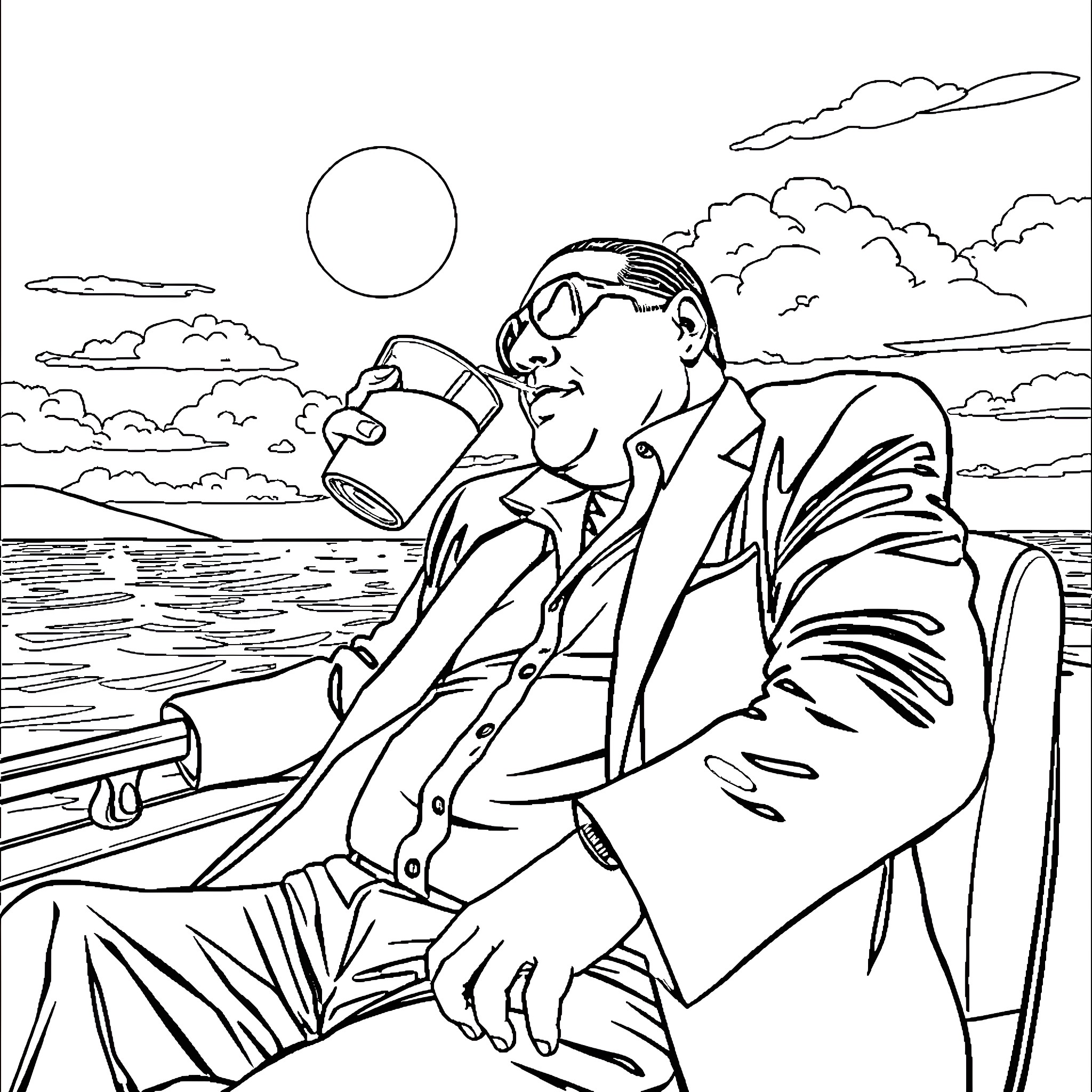 Tony Soprano relaxing on a bench overlooking the sea Coloring Page (free black-and-white line drawing printable PDF for all, from beginners to advanced learners, including children, teens, adults, and seniors)