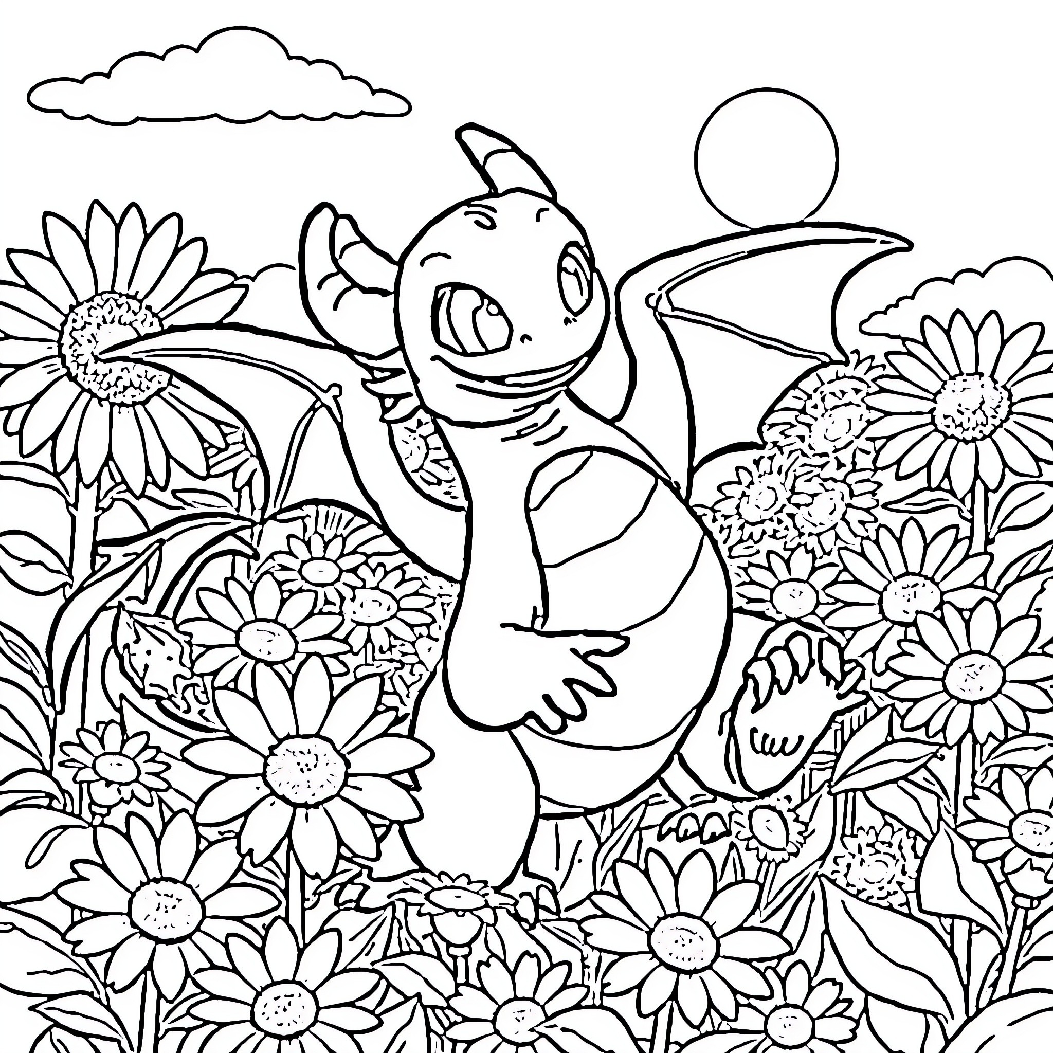Dragon exploring a floral garden scene Coloring Page (free black-and-white line drawing printable PDF for all, from beginners to advanced learners, including children, teens, adults, and seniors)