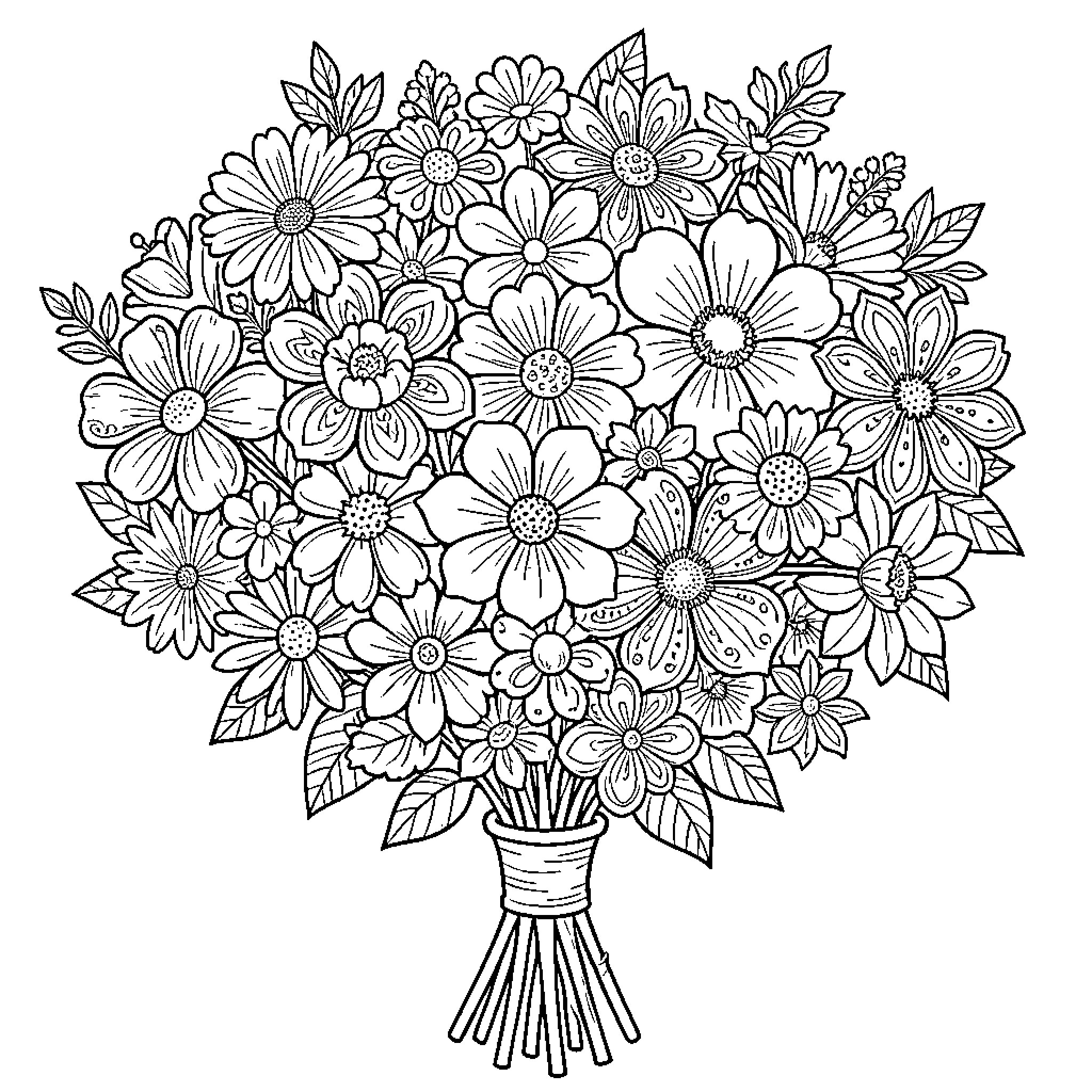 Flower bouquet with intricate floral patterns Coloring Page (free black-and-white line drawing printable PDF for all, from beginners to advanced learners, including children, teens, adults, and seniors)
