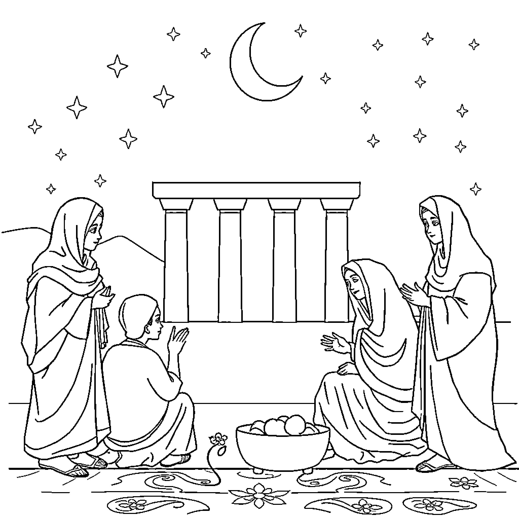 Islam: Devotional Scene with Figures and Symbols Coloring Page (free black-and-white line drawing printable PDF for all, from beginners to advanced learners, including children, teens, adults, and seniors)