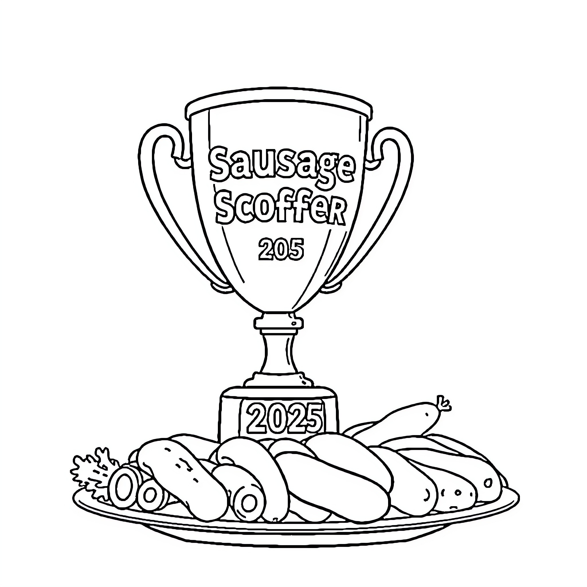 Trophy for Sausage Scoffer 2025 Coloring Page (free black-and-white line drawing printable PDF for all, from beginners to advanced learners, including children, teens, adults, and seniors)