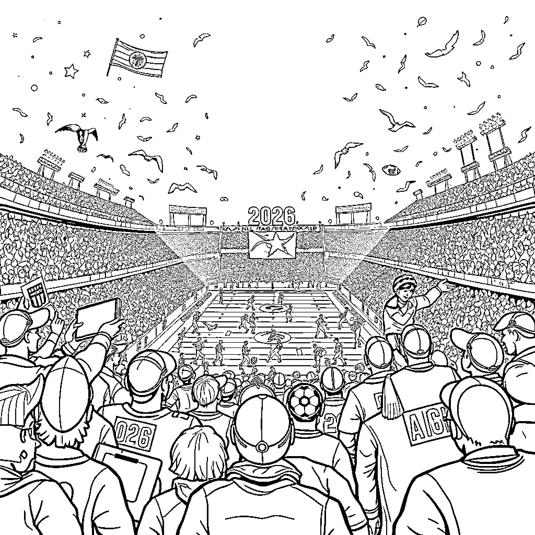 NFL Fans Cheering in a Packed Football Stadium Coloring Page (free black-and-white line drawing printable PDF for all, from beginners to advanced learners, including children, teens, adults, and seniors)