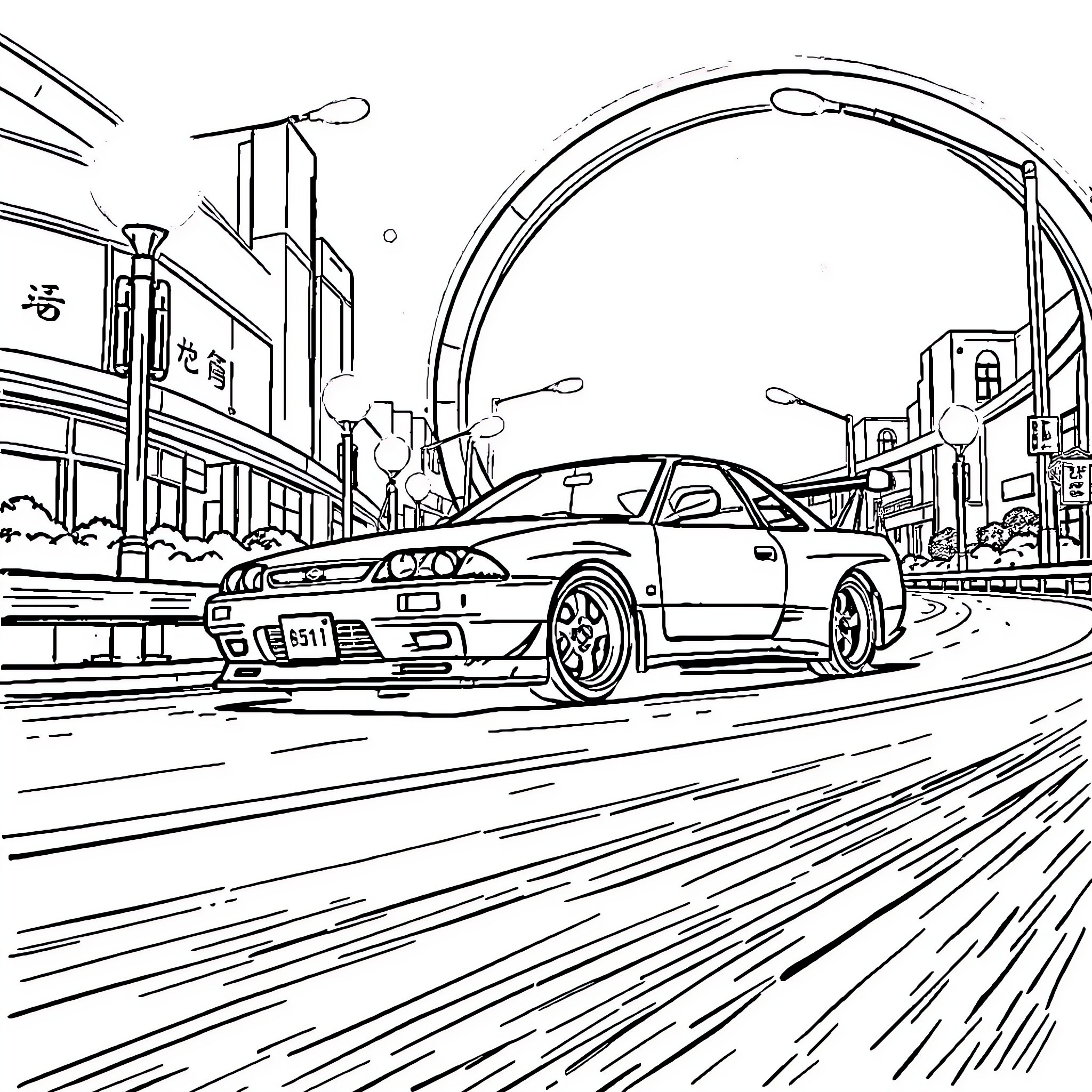 Nissan sports car speeding through city streets Coloring Page (free black-and-white line drawing printable PDF for all, from beginners to advanced learners, including children, teens, adults, and seniors)