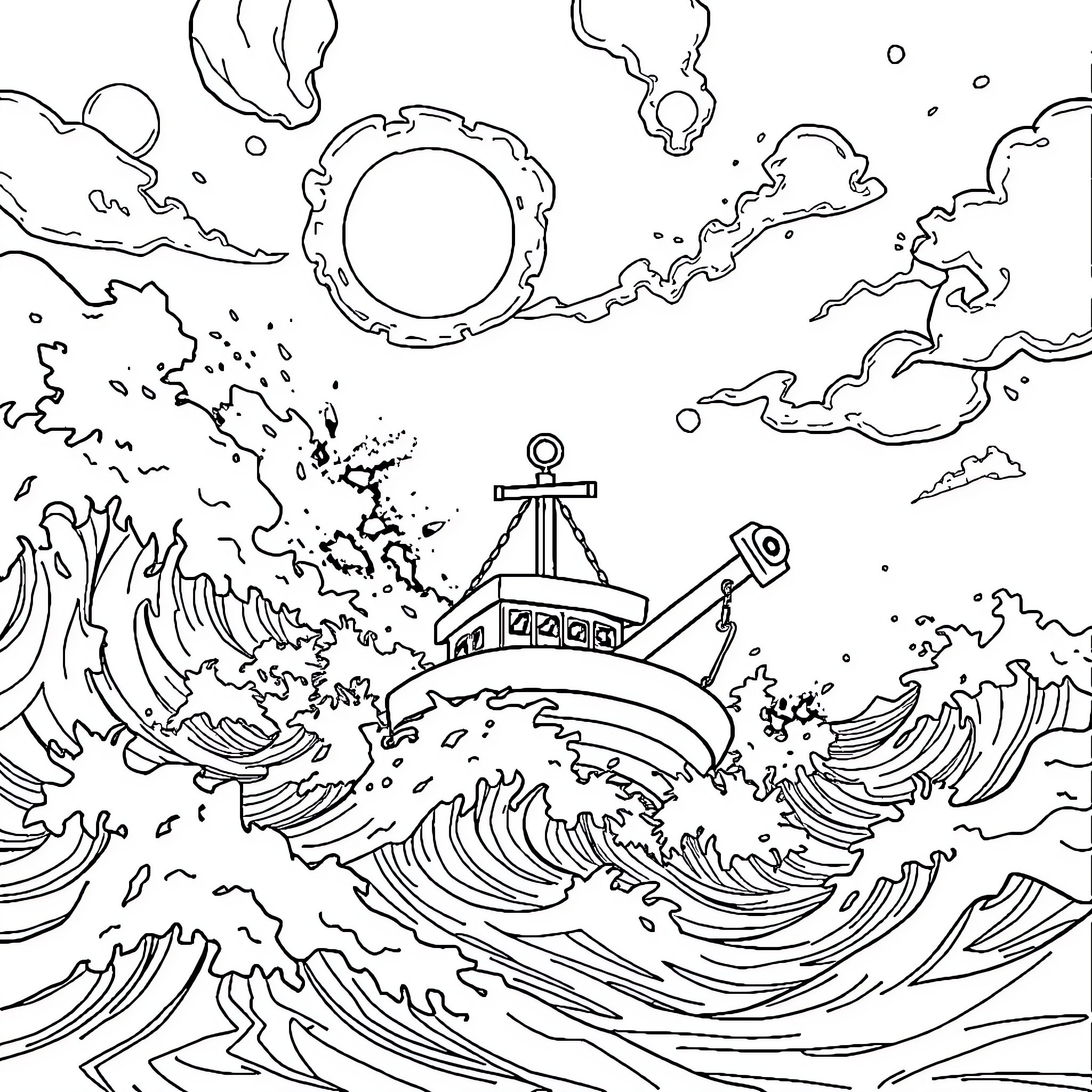 Anchor Adrift on the Turbulent Seas Coloring Page (free black-and-white line drawing printable PDF for all, from beginners to advanced learners, including children, teens, adults, and seniors)