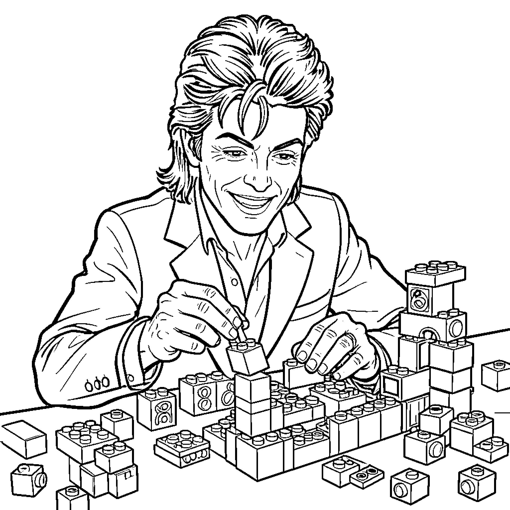 David Bowie playing with building blocks joyfully Coloring Page (free black-and-white line drawing printable PDF for all, from beginners to advanced learners, including children, teens, adults, and seniors)