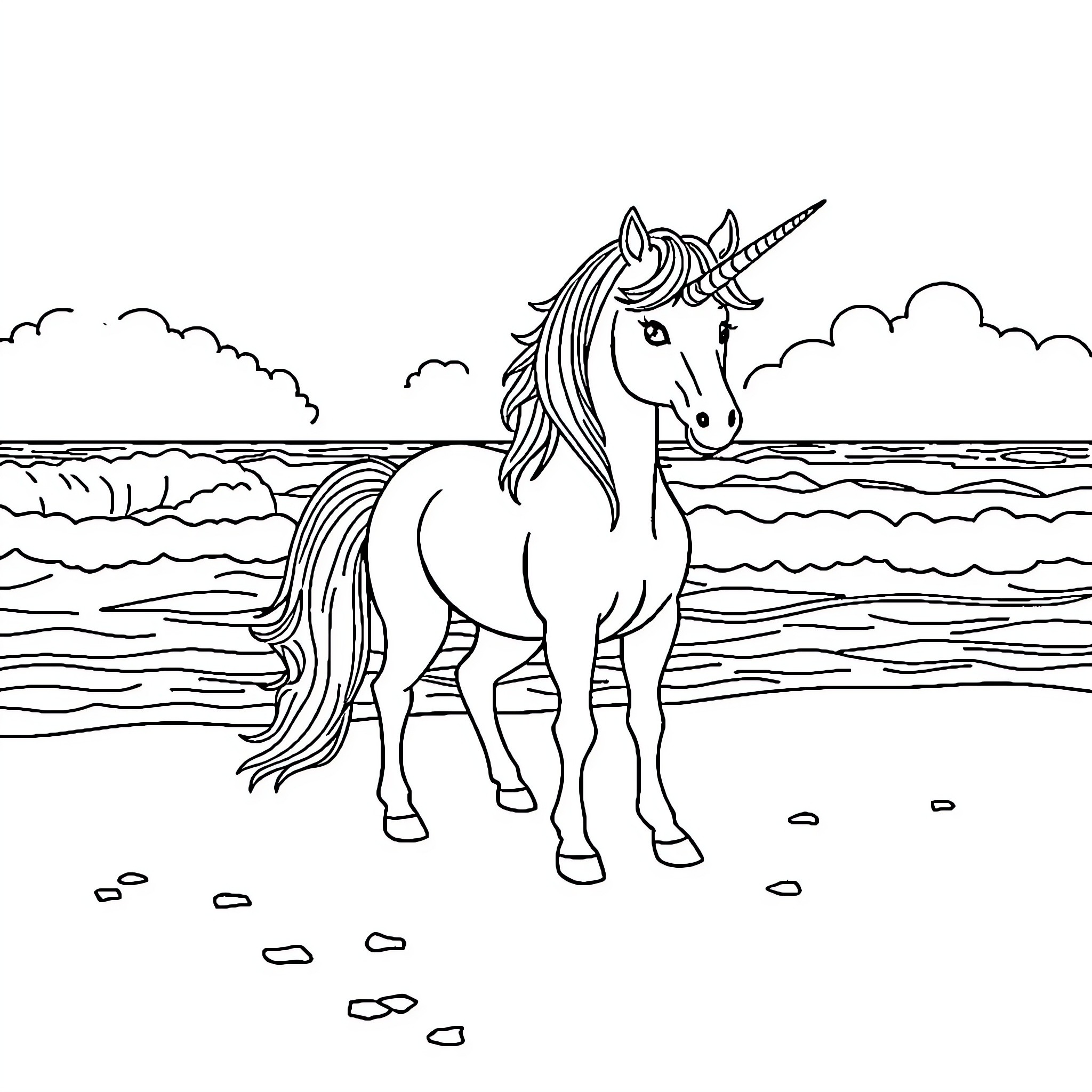 Unicorn Standing Proudly by the Shoreline Coloring Page (free black-and-white line drawing printable PDF for all, from beginners to advanced learners, including children, teens, adults, and seniors)