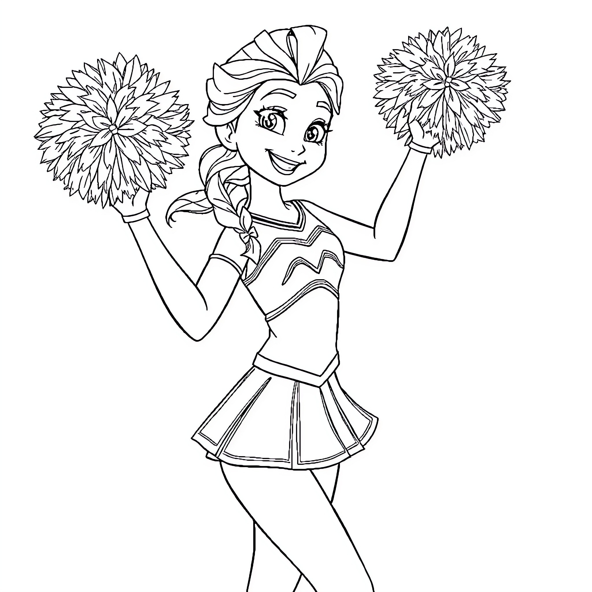 Elsa Cheering Excitedly with Pom-Poms Coloring Page (free black-and-white line drawing printable PDF for all, from beginners to advanced learners, including children, teens, adults, and seniors)