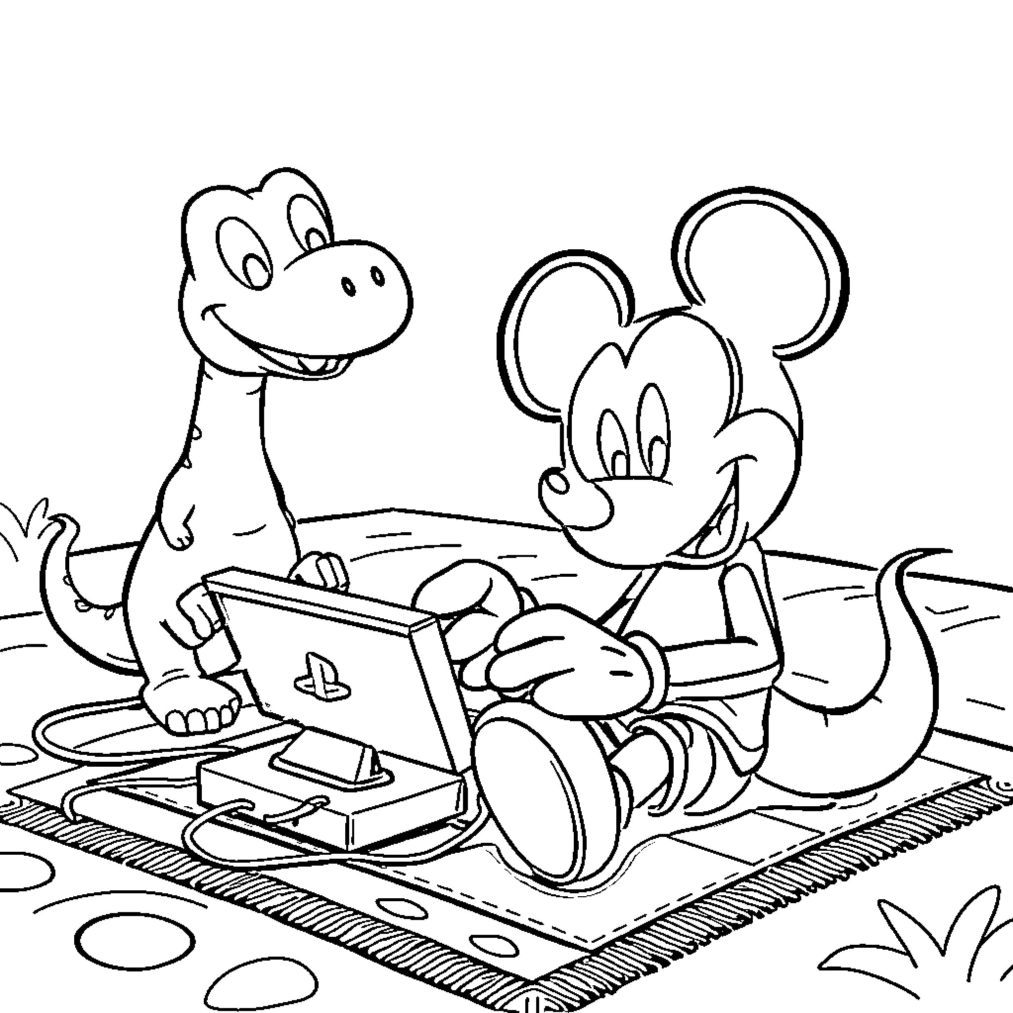 Mickey Mouse playing video games with a dinosaur friend Coloring Page (free black-and-white line drawing printable PDF for all, from beginners to advanced learners, including children, teens, adults, and seniors)