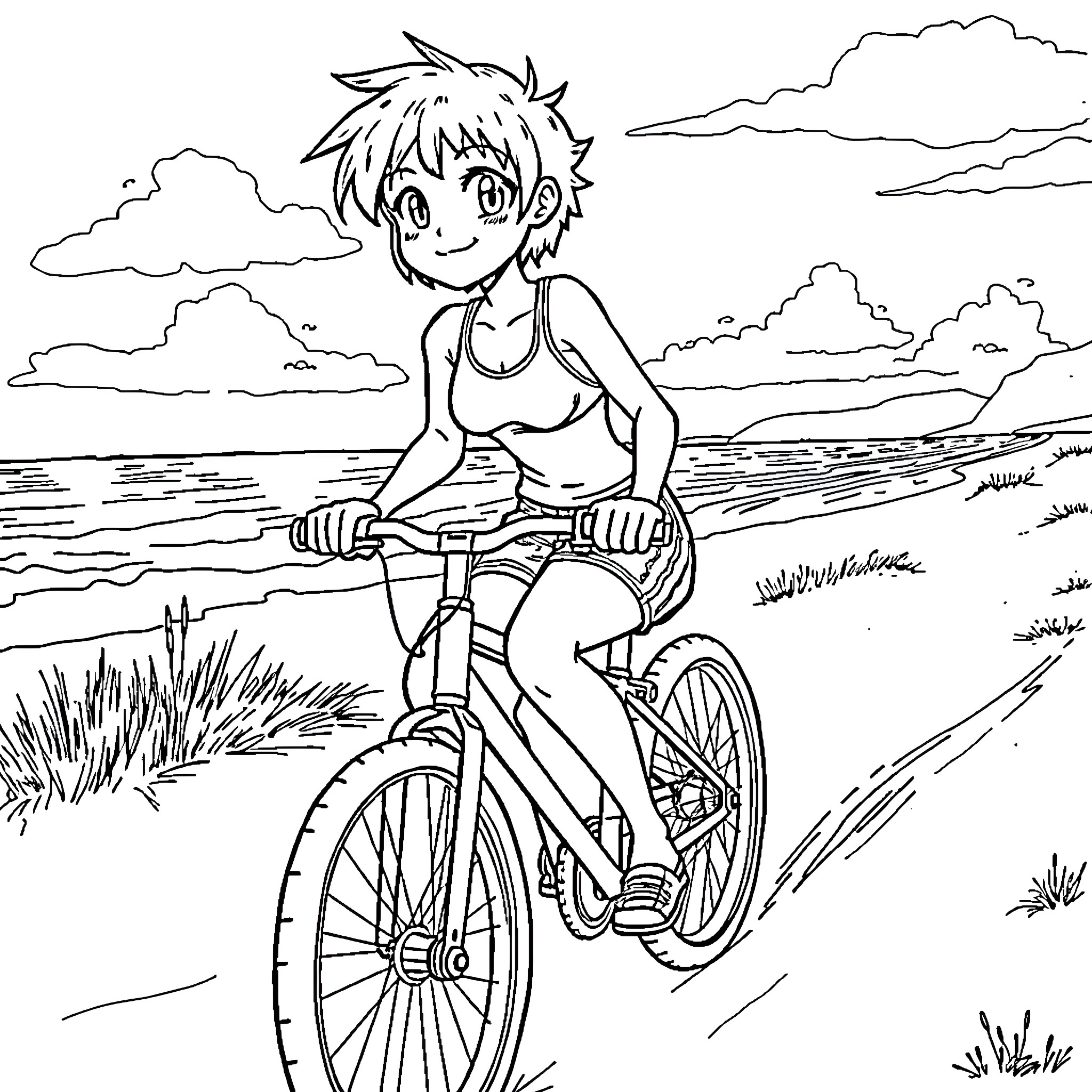 Girl cycling joyfully on a path by the sea Coloring Page (free black-and-white line drawing printable PDF for all, from beginners to advanced learners, including children, teens, adults, and seniors)