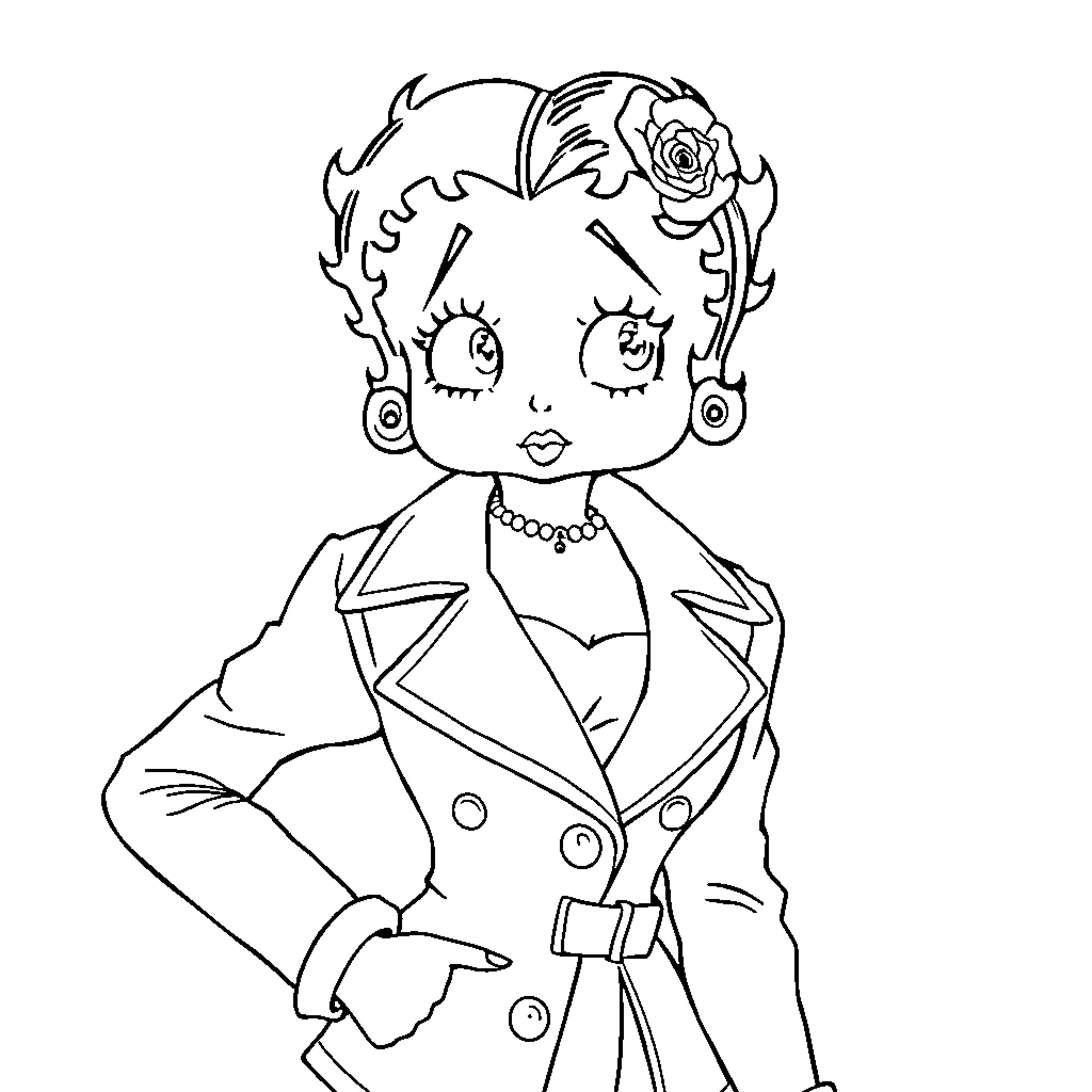 Betty Boop in stylish attire and confident pose Coloring Page (free black-and-white line drawing printable PDF for all, from beginners to advanced learners, including children, teens, adults, and seniors)