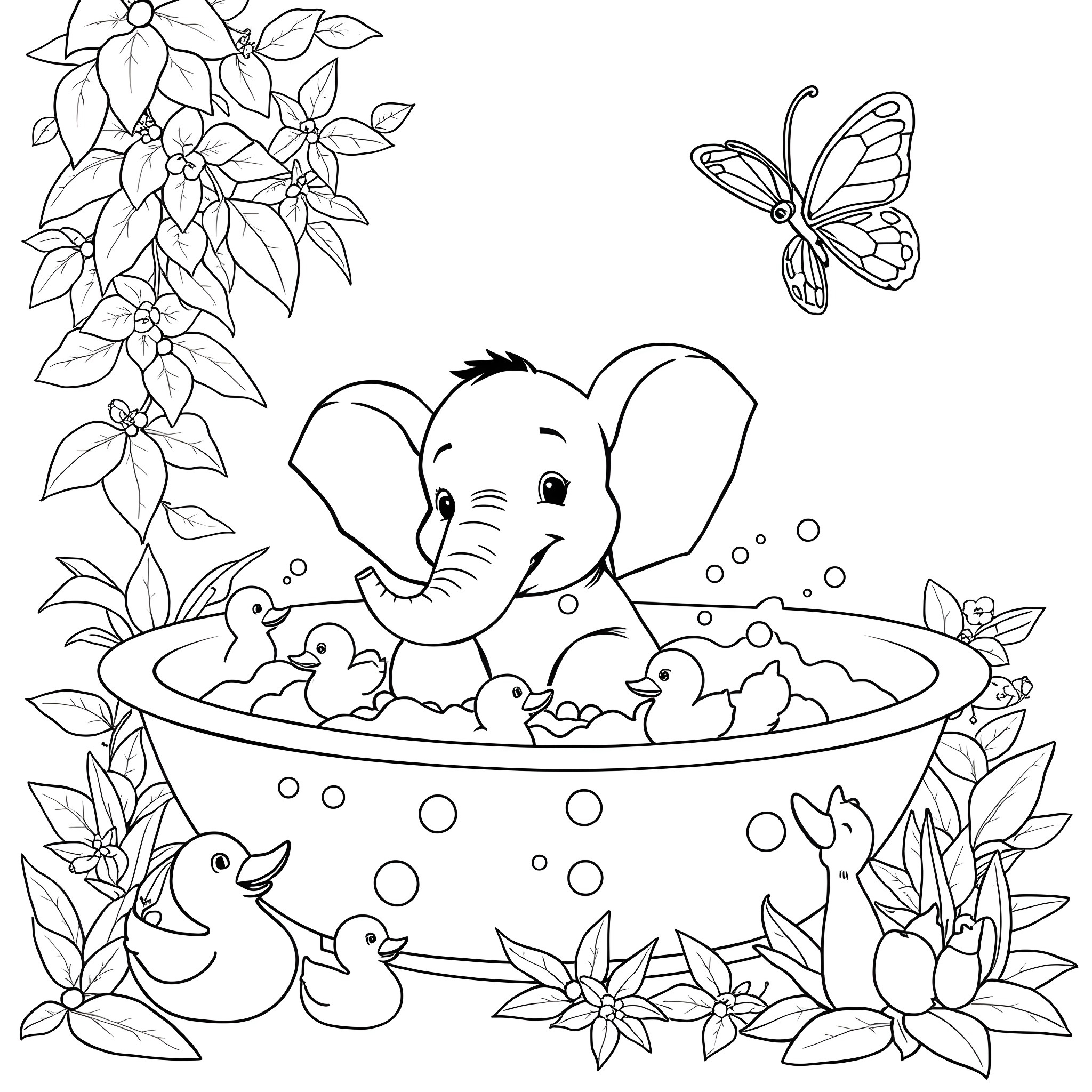 Baby Elephant Playing with Ducklings in a Floral Pond Coloring Page (free black-and-white line drawing printable PDF for all, from beginners to advanced learners, including children, teens, adults, and seniors)
